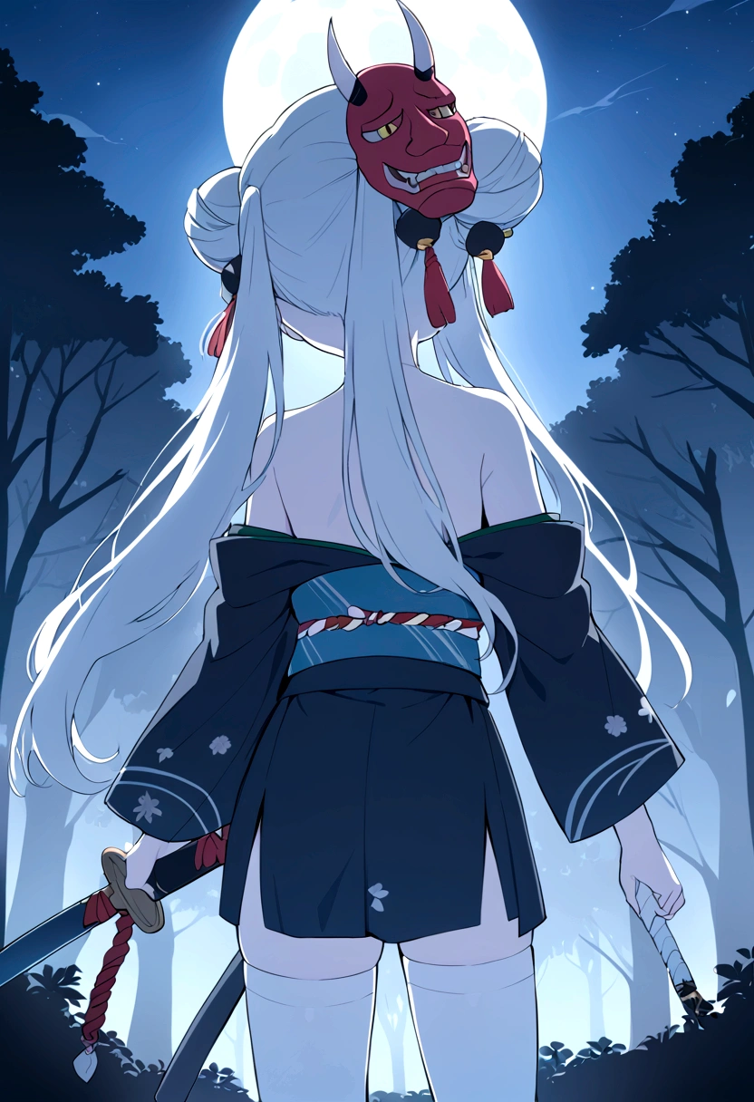 masterpiece, best quality, highres,moon, 1girl, weapon, sword, solo, male focus, night, blue theme, full moon, katana, japanese clothes, nature, long hair, tree, standing, night sky, silhouette, holding, sky, holding sword, leaf, sheath, holding weapon, ponytail, outdoors, forest, water, monochrome, star (sky), moonlight, AyameBase, oni horns, long hair, double bun, black kimono, short kimono, hair bell, obi, shimenawa, white thighhighs, bare shoulders, long sleeves, oni mask, mask on head, long shot