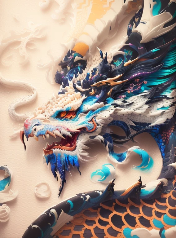Painting with folk art colors. Close-up of a dragon embroidered on white cloth in traditional art colors, Extremely detailed art, Surreal complex details, Intricate ultra-fine details, Ultra-fine painting, Extremely complex and highly detailed, very intricate ultrafine details, Super detailed, Highly detailed art, Chinese silk 3d dragon, Extremely detailed art, Beautifully detailed artwork, Extremely detailed art, Complex and gorgeous anime CGI style