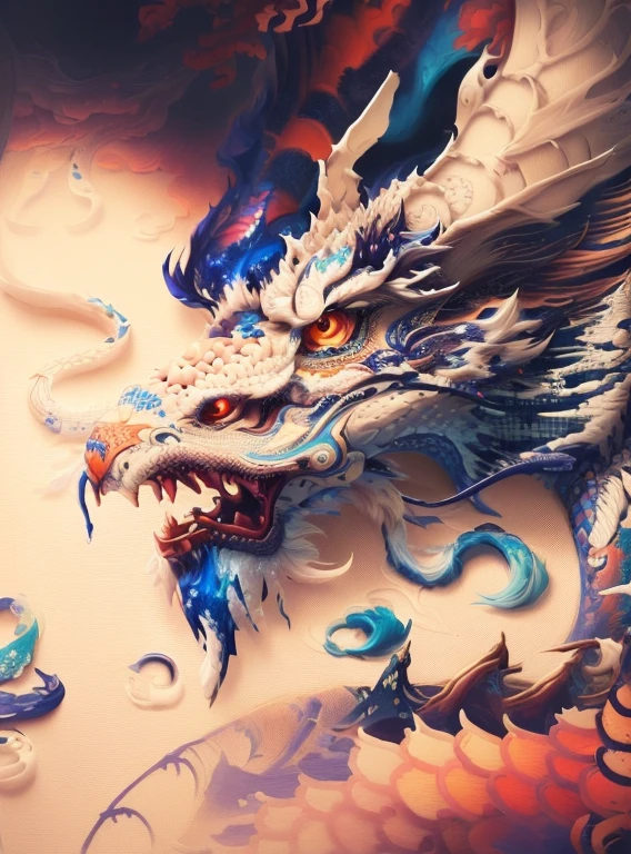 Painting with folk art colors. Close-up of a dragon embroidered on white cloth in traditional art colors, Extremely detailed art, Surreal complex details, Intricate ultra-fine details, Ultra-fine painting, Extremely complex and highly detailed, very intricate ultrafine details, Super detailed, Highly detailed art, Chinese silk 3d dragon, Extremely detailed art, Beautifully detailed artwork, Extremely detailed art, Complex and gorgeous anime CGI style
