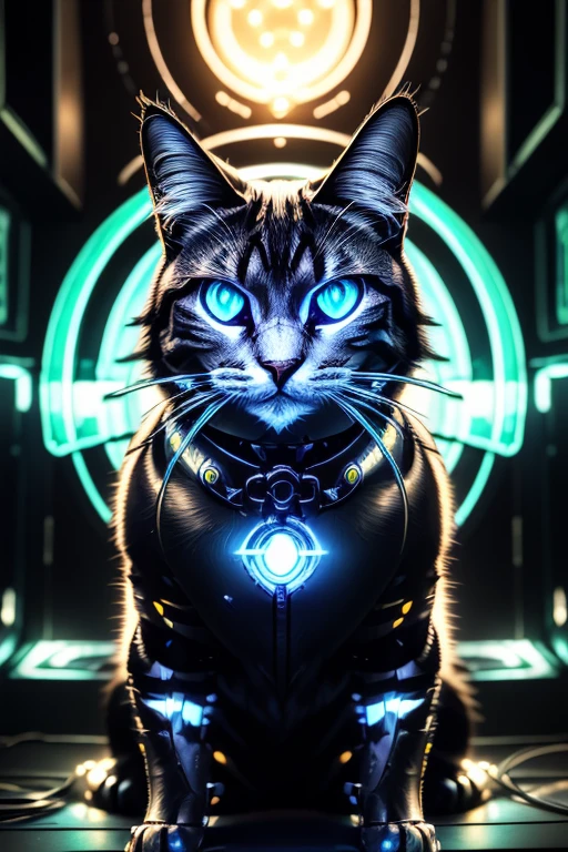a cyberpunk cat, futuristic cyborg cat, mechanical cat, metal cat, robotic feline, intricate machinery, glowing eyes, neon lights, cityscape, dark moody atmosphere, dynamic composition, cinematic lighting, vibrant colors, digital art, 8k, high quality, masterpiece, photorealistic