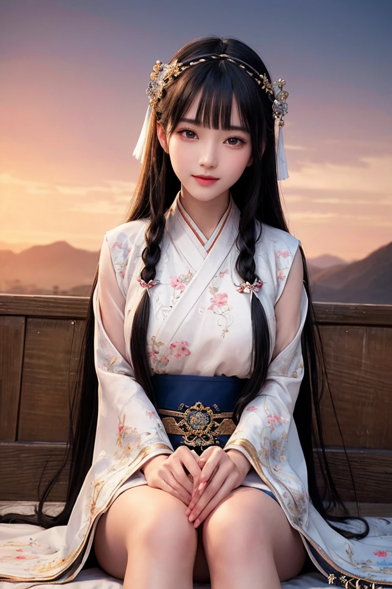 Face close-up， fortune teller、Prayer、Ultra-fine face，woman， Chinese style， Ancient Wind，Hanfu， Sitting pose， Long black hair， Delicate clothing patterns， grace， Gorgeous， grace， smile，Sky Sky， ribbon，Sense of brokenness， It is， Bubble， Double up braid， Hairline， Diagonal bangs， hair band， hair ornaments，Sparkling， Cinema Lighting，  Hyper HD， High resolution， 最high quality， 8k， High detail， high quality， Super Detail， Anatomically correct， masterpiece， Accurate，plump，Landscape painting，screen