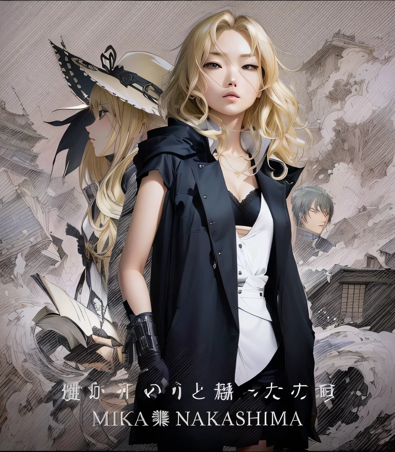 There is a blonde、Woman in black jacket, Marisa Kirisame, Kurumada Masami's style, inspired by Shinoda Toko, The style of Yoshitaka Amano, author:Oka Yasutomo, Inspired by Yoshio Markino, Inspired by Yuko Tatsujima, Inspired by Yoshitoshi Tsukioka