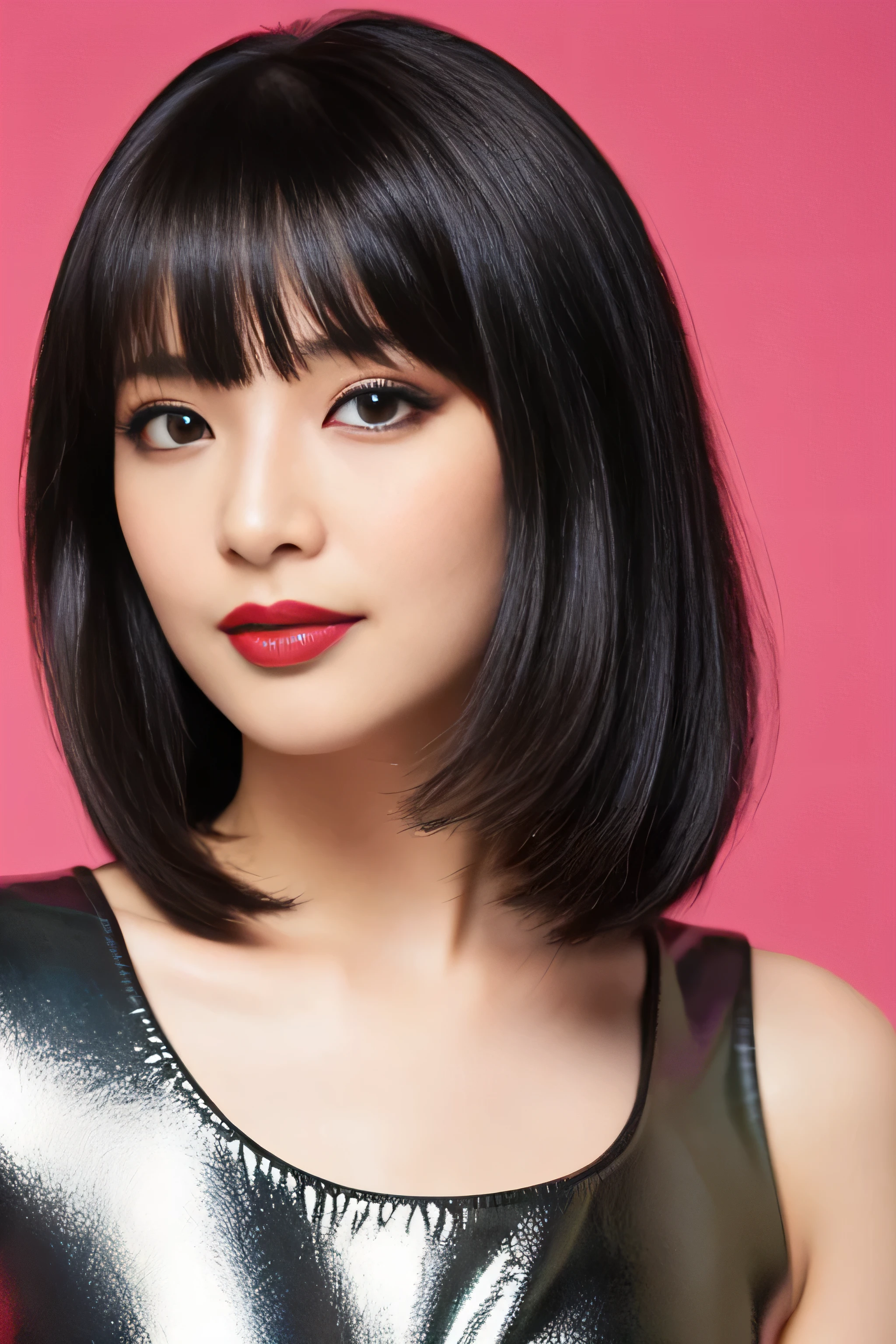 1 female (Close up of her face!!!:1.8)　(She turns to the viewer and laughs so wonderfully!!!!!)　((highest quality))　((masterpiece))　(Familiar)　(Get used to it)　(White wall background!!!!!)　(She is the most seductive 48-year-old mature woman in Japan.)　(Her bangs are neatly trimmed and worn straight down.:1.5)　(Very shiny and voluminous, Very straight!!!　Very beautiful medium long hair with the highest quality and the best details　Jet black hair　Her highest quality and most detailed straight medium long hair is jet black　Her beautiful jet black hair is very straight and medium long.　Her hair is very black!!!　Shiny black hair, black silky hair, detailed 長さ black hair, 太くShiny black hair, 長さ black hair, Straight bob cut black hair, Length and Straight Bob Cut　black hair, Perfect Silky Hair, Extra Dark Natural Black Hair, very black hair)　(She received a beautiful mature make-up by a professional make-up artist...　Exquisite texture:1.4　Bright red lipstick　Beautiful black eyeliner)　(She is wearing a shiny random color silk camisole dress.)　Perfect Woman&#39;face　(She has a typical Japanese build and skin color..., Her skin is very high quality and ultra high definition.、very beautiful and glowing skin)　(Her face is dignified and sexy)　(She has a typical Japanese build and skin color　Her skin is very delicate and sensitive..、and、Such beautiful and radiant skin)　((Her face shape is thinner than average:1.4))　((Her eyes are larger than average:1.6))　((Her eyes are larger than average:1.6))　((Her eyebrows are very thin:1.8))　(She received a beautiful mature make-up by a professional make-up artist...　Exquisite texture:1.4　Bright red lipstick　Beautiful black eyeliner)　((Rich 1.4))　(Extremely detailed 8K)　(Ultra-fine skin texture 1.4)　(Actual, Vibrant:1.4), 　Sharp focus:1.2、Beautiful woman:1.4　Dynamic Lighting　(Genuine RAW photos taken by professional photographers)　very beautiful and glowing skin)　(Surreal photos by professional photographers :1.2)　