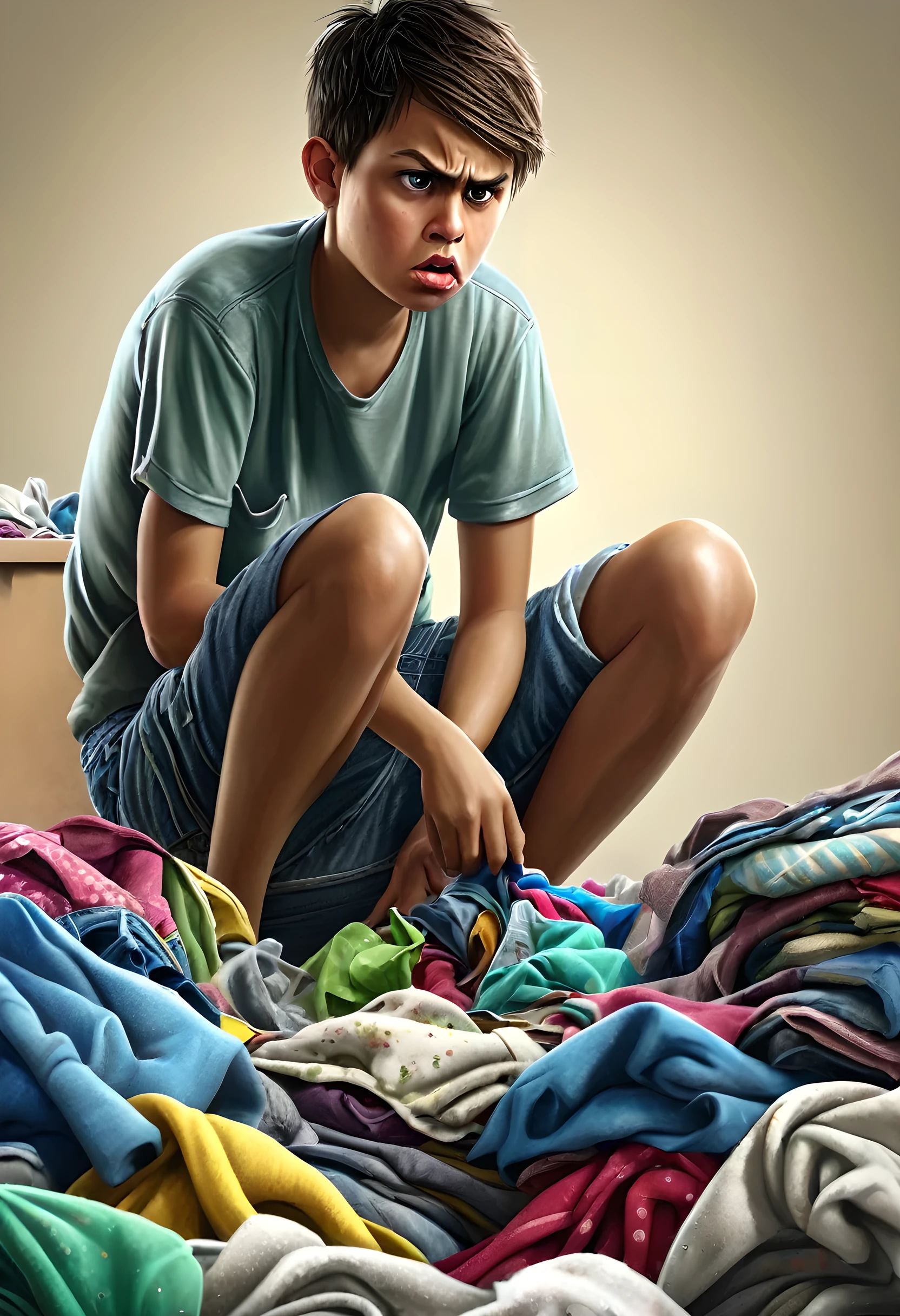 Disgusting look, picking at dirty clothes, fed up!, best quality, highres, realistic, detailed,