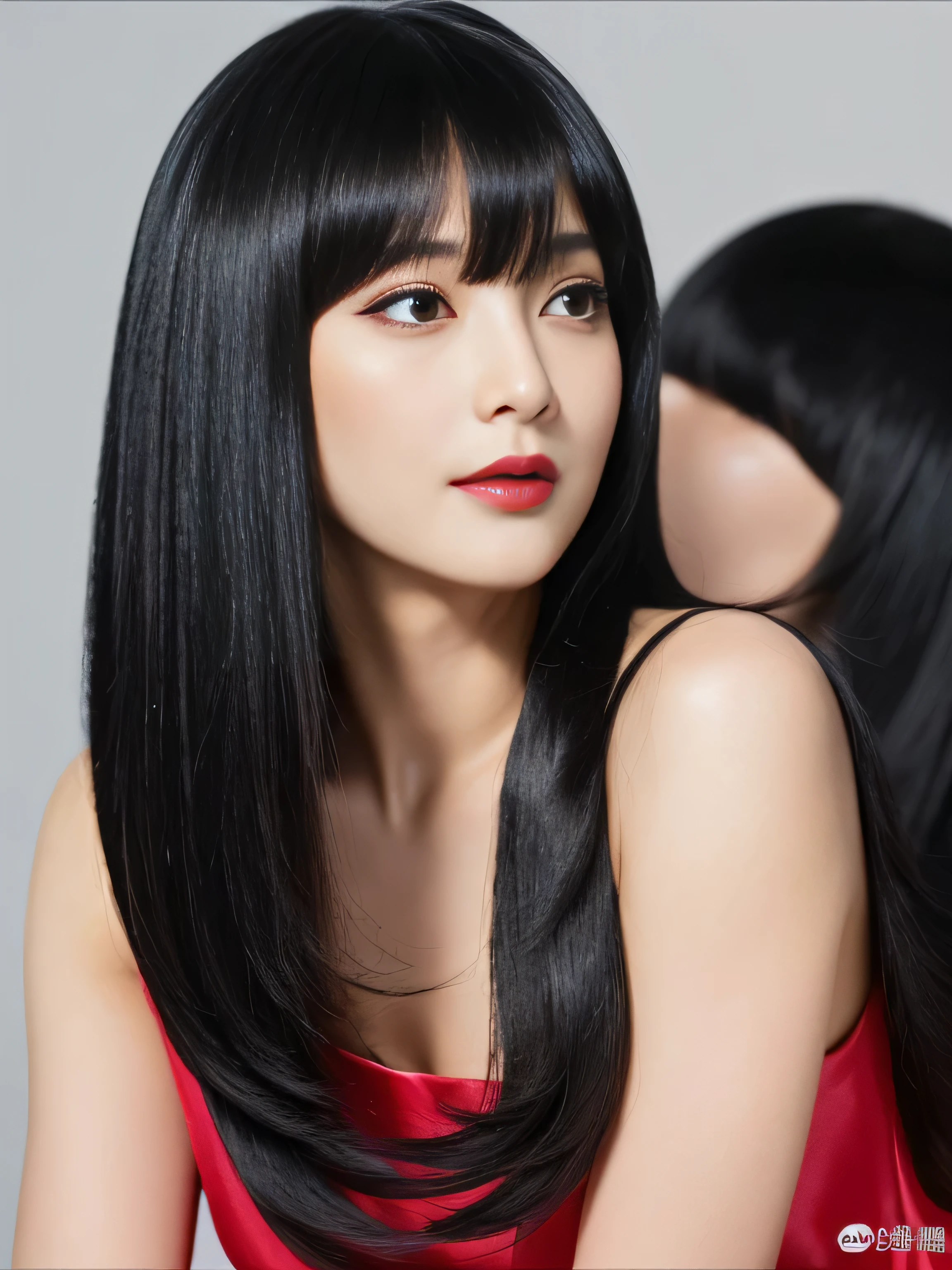 1 female (Close up of her face!!!:1.8)　(She turns to the viewer and laughs so wonderfully!!!!!)　((highest quality))　((masterpiece))　(Familiar)　(Get used to it)　(White wall background!!!!!)　(She is the most seductive 48-year-old mature woman in Japan.)　(Her bangs are neatly trimmed and worn straight down.:1.5)　(Very shiny and voluminous, Very straight!!!　Very beautiful medium long hair with the highest quality and the best details　Jet black hair　Her highest quality and most detailed straight medium long hair is jet black　Her beautiful jet black hair is very straight and medium long.　Her hair is very black!!!　Shiny black hair, black silky hair, detailed 長さ black hair, 太くShiny black hair, 長さ black hair, Straight bob cut black hair, Length and Straight Bob Cut　black hair, Perfect Silky Hair, Extra Dark Natural Black Hair, very black hair)　(She received a sensual mature make-up by a professional make-up artist...　Exquisite texture:1.4　Bright red lipstick　Beautiful black eyeliner)　(She is wearing a shiny random color silk camisole dress.)　Perfect Woman&#39;face　(She has a typical Japanese build and skin color..., Her skin is very high quality and ultra high definition.、very beautiful and glowing skin)　(Her face is dignified and sexy)　(She has a typical Japanese build and skin color　Her skin is very delicate and sensitive..、and、Such beautiful and radiant skin)　((Her face shape is thinner than average:1.4))　((Her eyes are larger than average:1.6))　((Her eyes are larger than average:1.6))　((Her eyebrows are very thin:1.8))　(She received a beautiful mature make-up by a professional make-up artist...　Exquisite texture:1.4　Bright red lipstick　Beautiful black eyeliner)　((Rich 1.4))　(Extremely detailed 8K)　(Ultra-fine skin texture 1.4)　(Actual, Vibrant:1.4), 　Sharp focus:1.2、Beautiful woman:1.4　Dynamic Lighting　(Genuine RAW photos taken by professional photographers)　very beautiful and glowing skin)　(Surreal photos by professional photographers :1.2)　