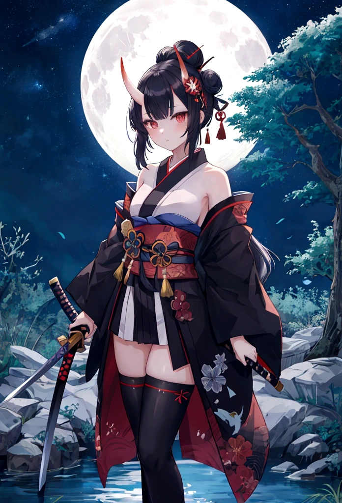 moon, 1girl, weapon, sword, solo, male focus, night, blue theme, full moon, katana, japanese clothes, nature, long hair, tree, standing, night sky, silhouette, holding, sky, holding sword, leaf, sheath, holding weapon, ponytail, outdoors, forest, water, monochrome, star (sky), moonlight, AyameBase, oni horns, long hair, double bun, black kimono, short kimono, hair bell, obi, shimenawa, white thighhighs, bare shoulders, long sleeves, oni mask, mask on head, long shot