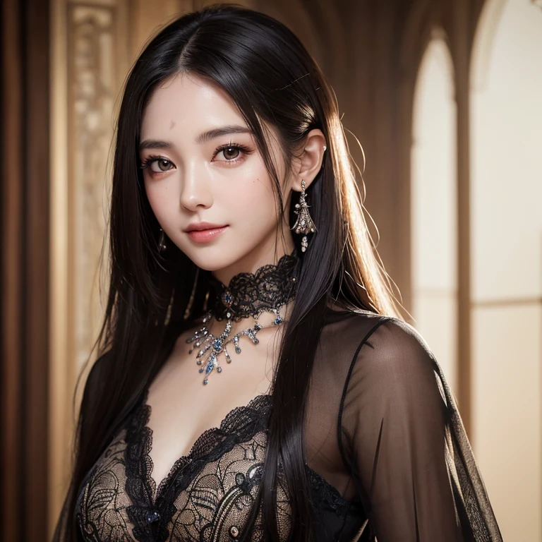 (highest quality, masterpiece:1.2), Ultra-high resolution, Realistic, Front lighting, Intricate details, Exquisite detail and texture, One Girl, mature, alone, Facial highlights, Upper Body, Detailed face, Mysteriousな, smile, 白 skin, Black natural hair, Straight Long, View your viewers, Big eyes, fortune teller'Clothes, Earrings, Small breasts, the body is slim, Fortune-telling table, Professional Lighting, Photon Mapping, Radio City, Physically Based Rendering,fortune tellerの衣装,Japanese,Gentle expression、Upper Body,To prevent hair and scalp breakage,nice、Mysterious、Friendly atmosphere、Earrings、choker、Veil、Black Costume、