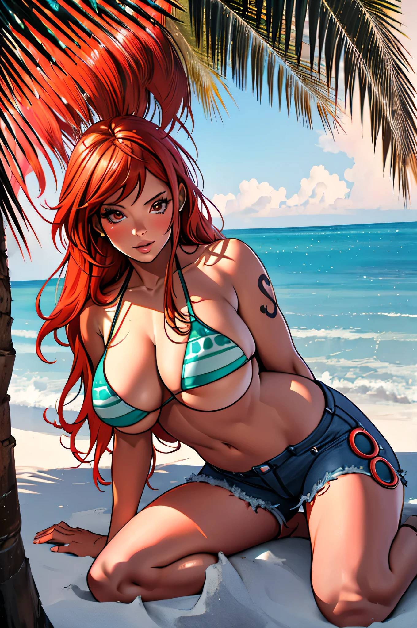 nami, red hair, brown eyes, pink lips, , fitness body, (wearing a bikini top and denim shorts), in a beach setting, ((full body)), ((best quality, work prime, rich in details, high definition))