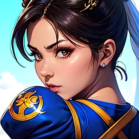 Imagen de alta calidad detallada de Chun Li labios rojos cara tierna sonrojada cuerpo firme senos perfectos 