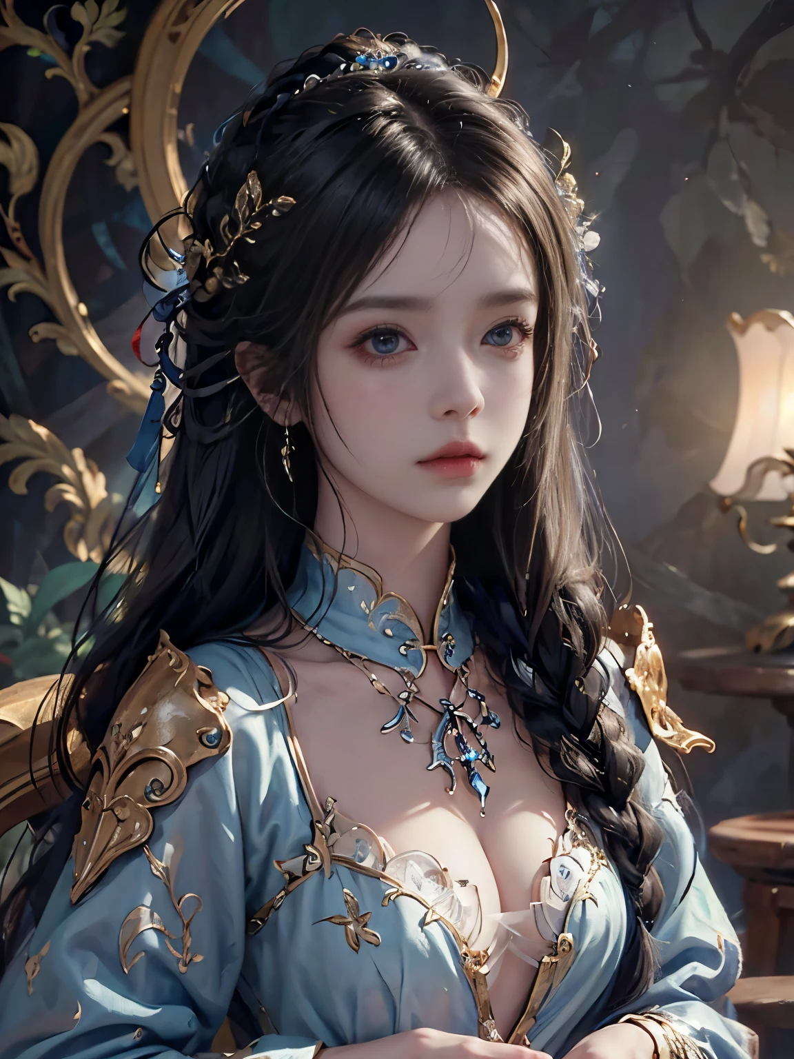 galaxy alice,alone,One girl,Are standing,Long Hair,Upper Body,Blonde,(8k, highest quality, masterpiece, final fantasy style: 1.2), (Realistic, photoRealistic: 1.37), Super detailed, One Girl, Paladin with a sword imbued with light, Wide viewing angles, huge firm bouncing bust, Very delicate depiction, Miniature painting, Detailed depiction of the face, Detailed depiction of hair, Accurate skeleton, Dress with intricate patterns