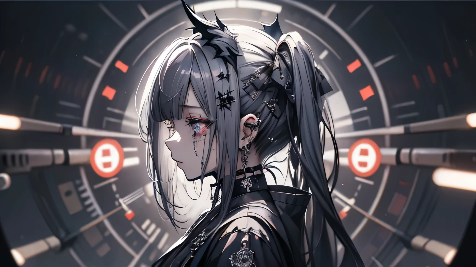 (masterpiece), highest quality, Ultra-high resolution,Gothic、Silver Hair、Black Hair、Twin tails、Crying in tears、Bat、vocal、Hold the microphone、cool、band、live、Visual Kei、Sick Makeup、Background darkness、profile