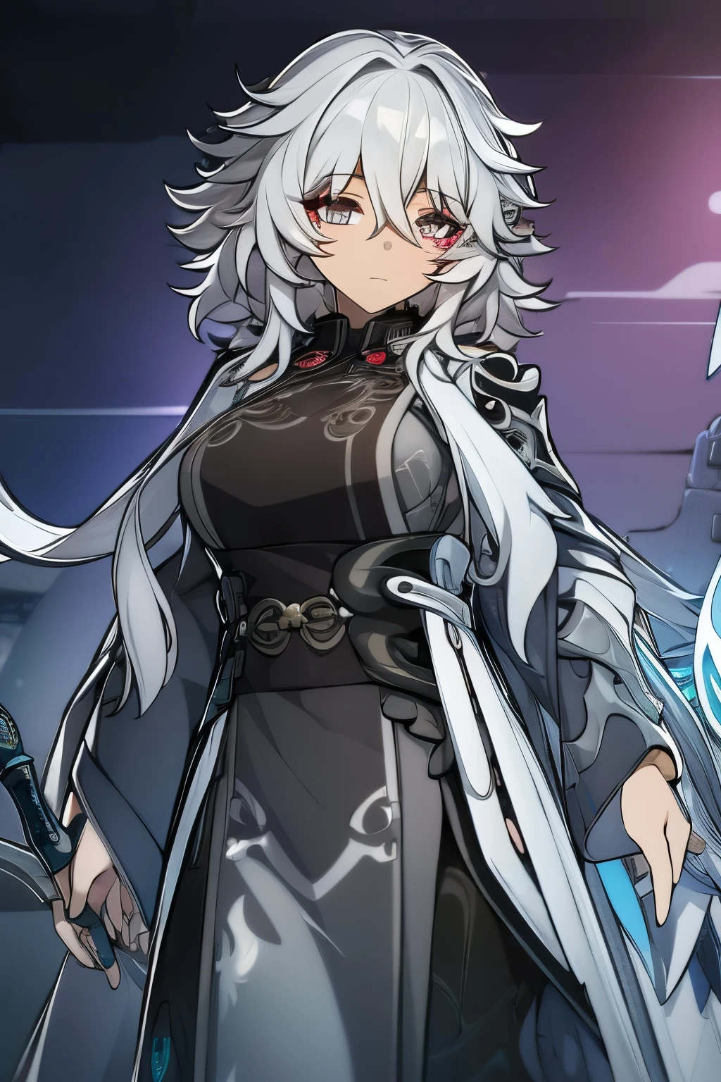 1girl, Glaucous Curly Hair, ((Voluminous hair)), Silver grey eyes, ((Sharp eyes)), Dark skin, ((Tattoos)), Futuristic Hanfu, Futuristic Staff