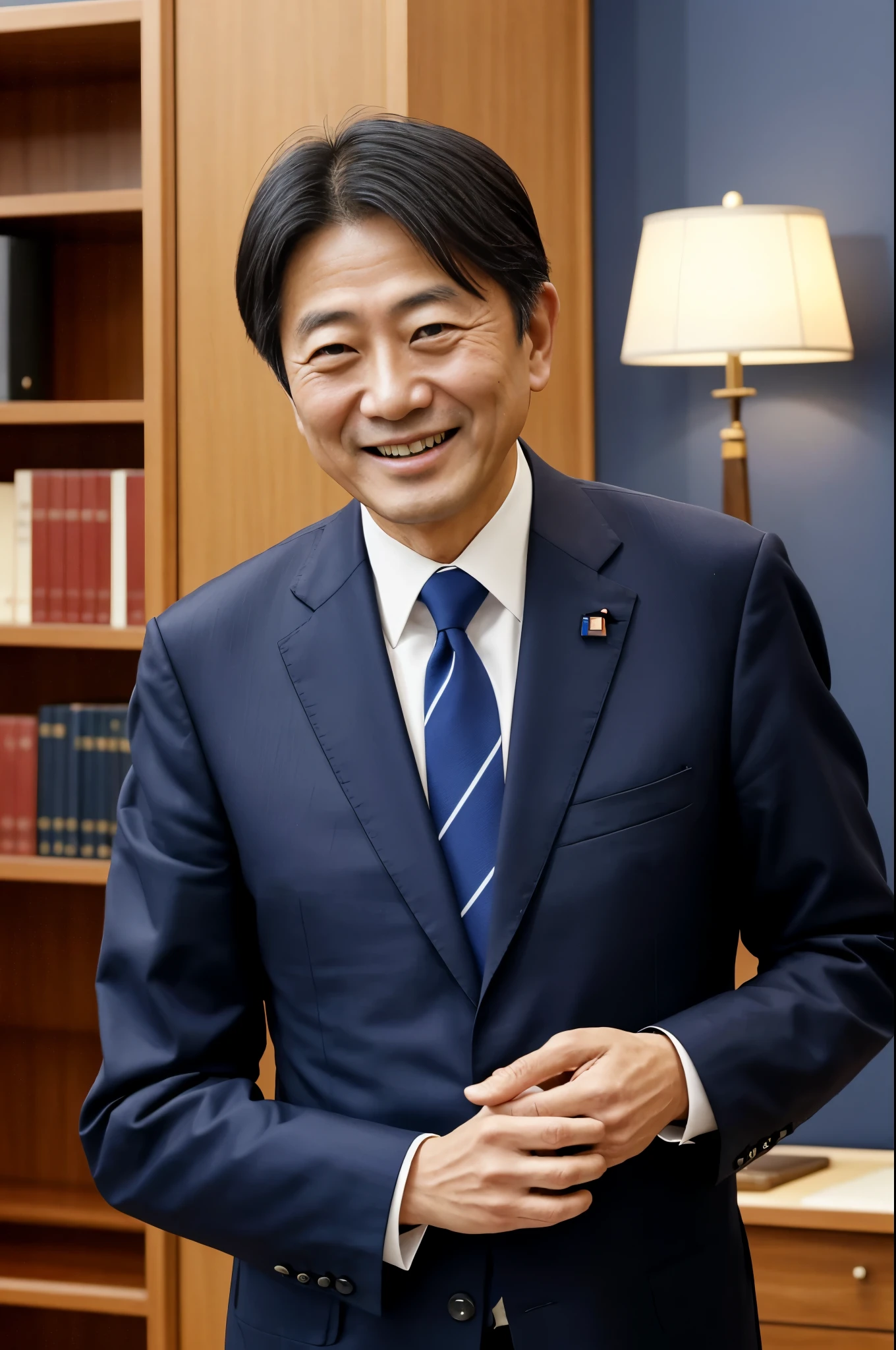 Smiling Japanese president in his fifties in navy blue and flat style at a law firm. Emphasises credibility and professionalism.