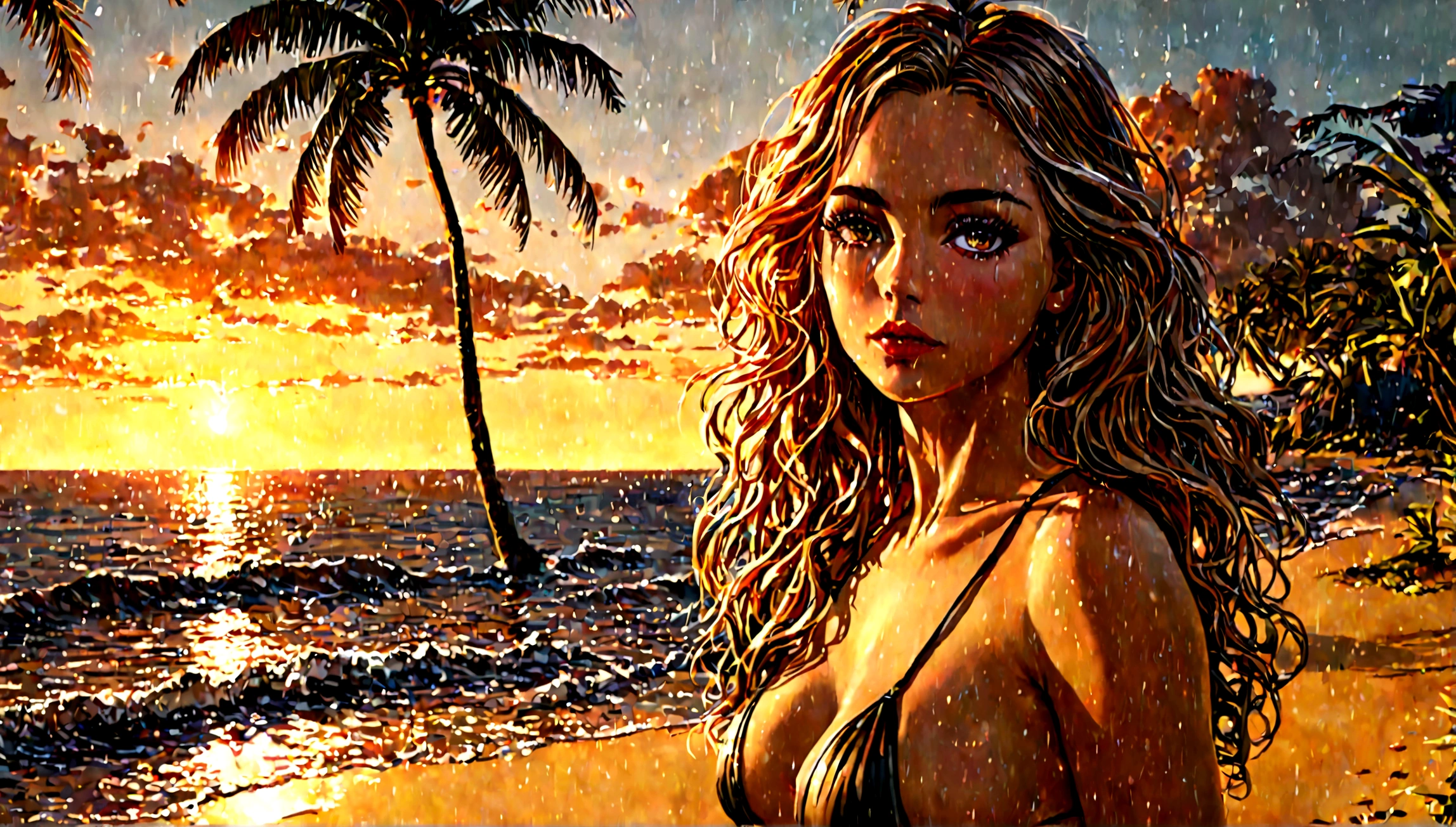 a sexy girl,beautiful girl,beautiful face,beautiful eyes,beautiful lips,long eyelashes,fair skin,wavy hair,sensual expression,elegant pose,bikini,revealing outfit,tropical beach,sunset,ocean waves,sand,palm trees,warm lighting,cinematic,photorealistic,8k,ultra-detailed,highly detailed,masterpiece,hyper-realistic,dramatic lighting,vibrant colors