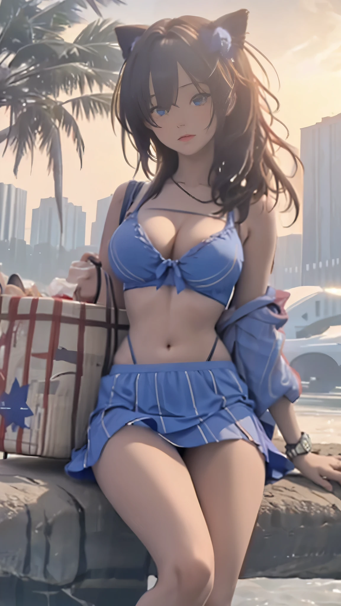 （Star-shaped blue pupil，+_+，Pupil in the shape of a symbol，Sparkling eyes）），（Enrich your photoasterpiece quality），Exquisite 8K CG artwork，Three Goddess-like Figures，Sit by the river，Posture Exercises，Slim and soft，Translucent skin，The skin is white and juicy，Oversized bust, red bikini, mini skirt, uniform，Point of View Part 1.Silhouette effect is doubled，Exquisite transparent blue pattern on pajamas，Every detail is carefully crafted，The background is a bit blurred，Attractive and seductive legs temptation，Drooling，Extra-large breasts，blush，Perfect body slim curves，Seaside scenery，The three goddesses sat together，