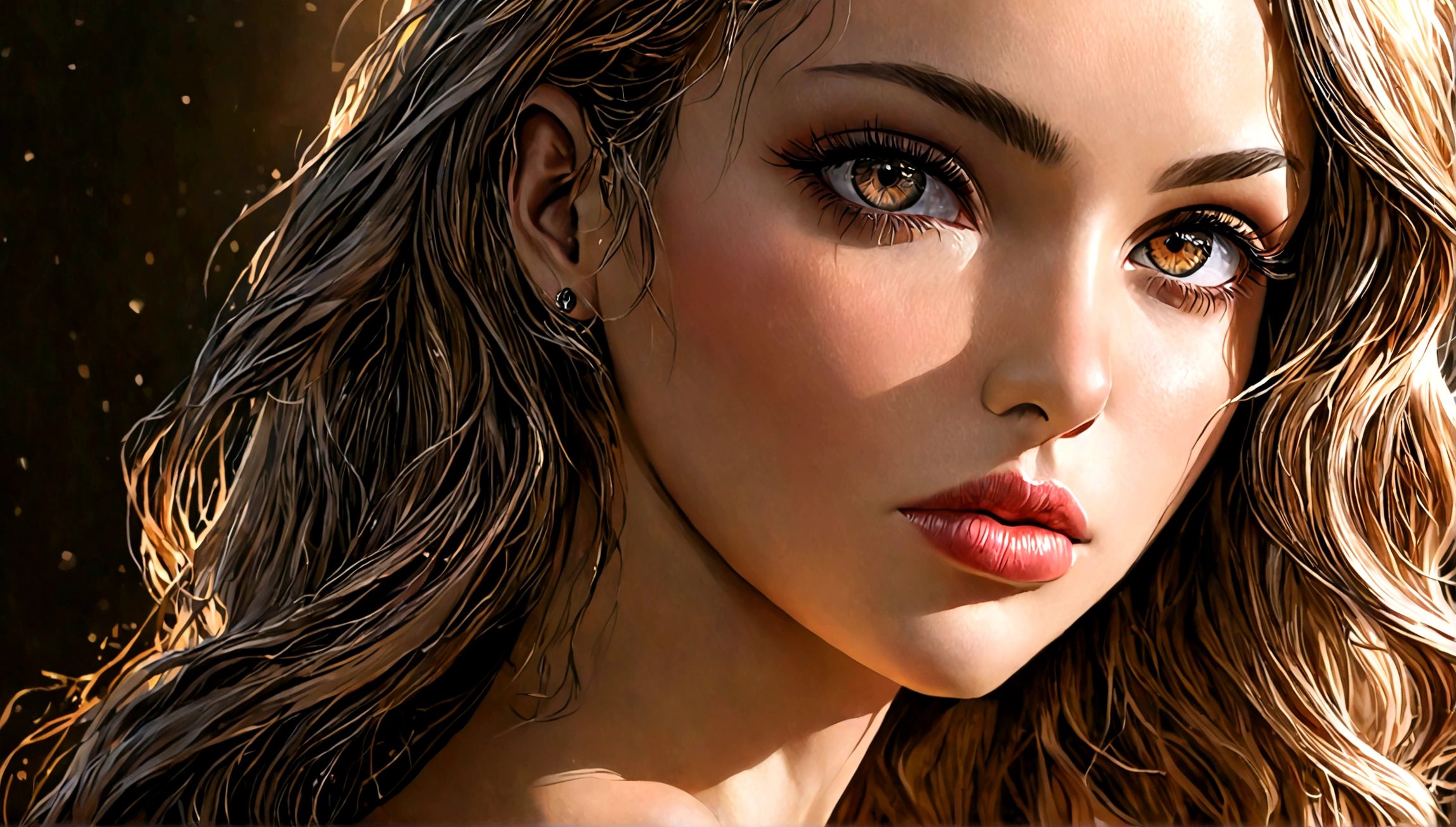 a beautiful woman, hyper realistic, detailed facial features, (best quality,4k,8k,highres,masterpiece:1.2),ultra-detailed,(realistic,photorealistic,photo-realistic:1.37),intricate details, glowing skin, elegant pose, long flowing hair, luscious lips, piercing eyes, graceful neck, slender figure, feminine curves, sensual expression, alluring atmosphere, dramatic lighting, warm color palette, chiaroscuro lighting