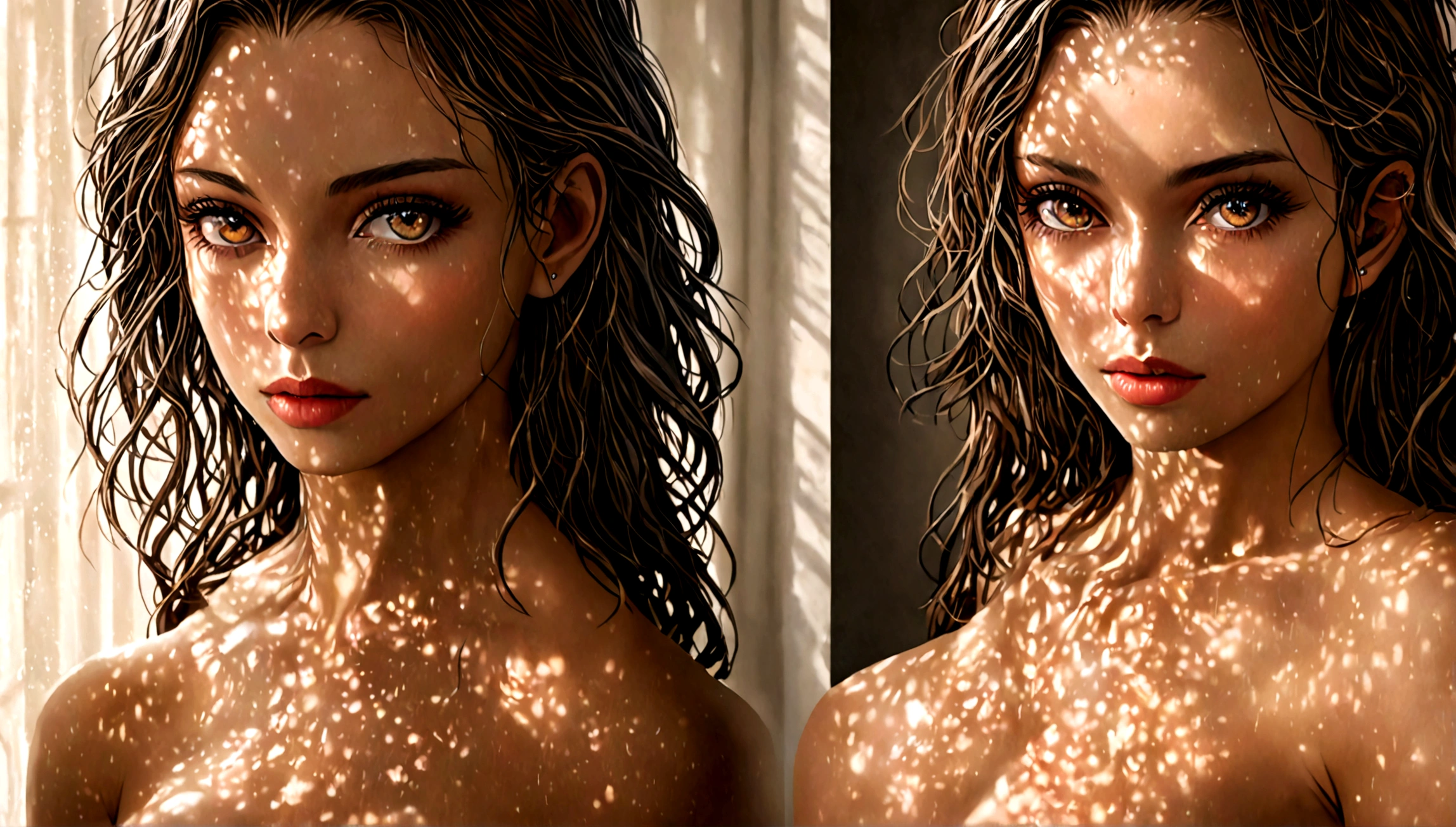 a beautiful woman, hyper realistic, detailed facial features, (best quality,4k,8k,highres,masterpiece:1.2),ultra-detailed,(realistic,photorealistic,photo-realistic:1.37),intricate details, glowing skin, elegant pose, long flowing hair, luscious lips, piercing eyes, graceful neck, slender figure, feminine curves, sensual expression, alluring atmosphere, dramatic lighting, warm color palette, chiaroscuro lighting