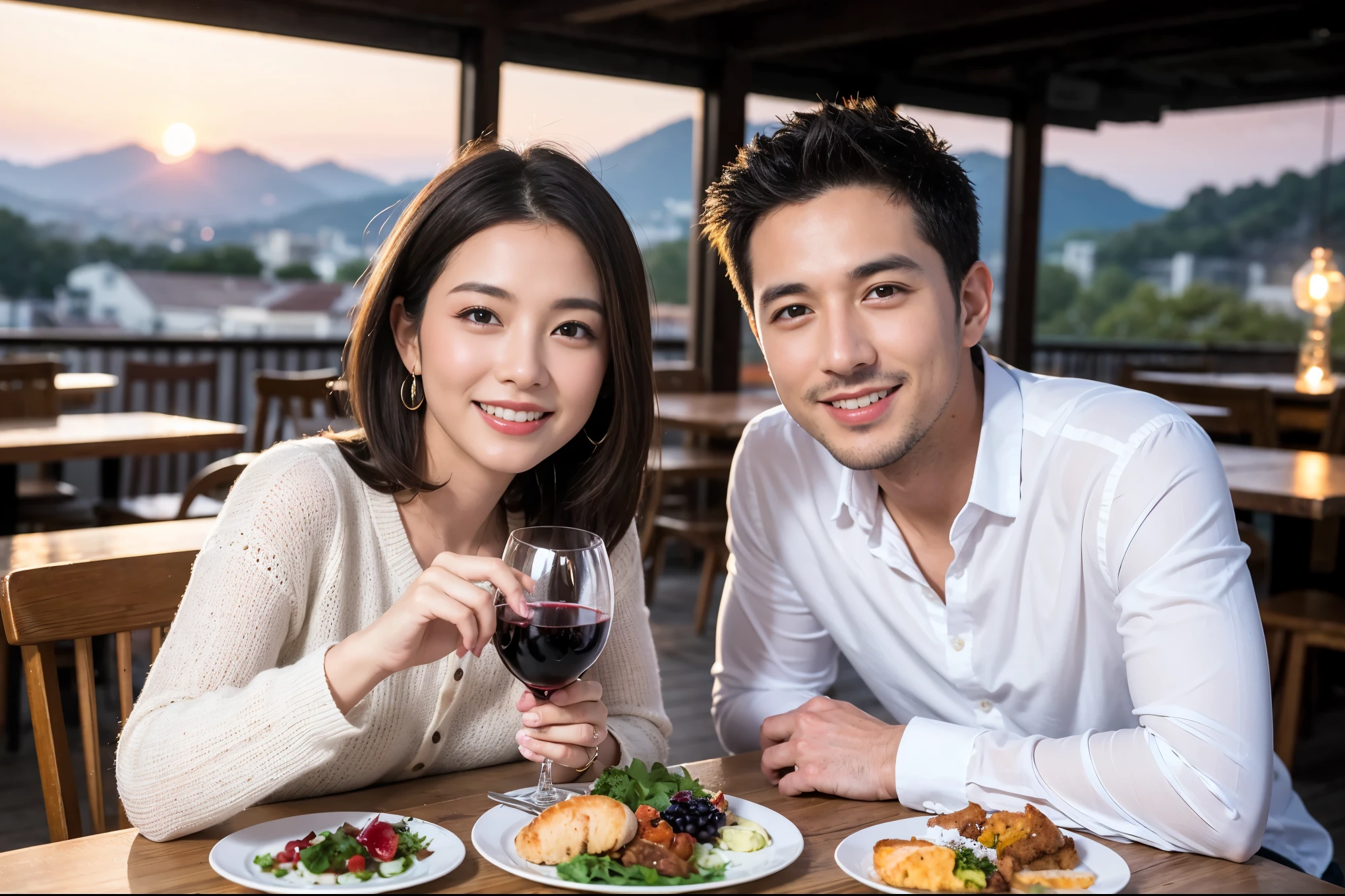 ((highest quality、8k、masterpiece:1.3))、 (Genuineistic, Genuine、Bright image、Intricate details:1.2), Best smile 1 man 1 woman、Beautiful Couple、spouse、Couple、spouse、Beautiful Couple、Smile、full-course dinner、 (Slim face), (The body is slim), (Brown Hair), (short hair), テーブルの上のwine glass、Please shine a light on my face、 Amazing view of the sunset sky and clouds、 (Age 44), 41 years old, red wine 、Appetizers、Wine bottle、sparkling wine、Long sleeve shirt、dress、White wine, red wine, wine glass, 