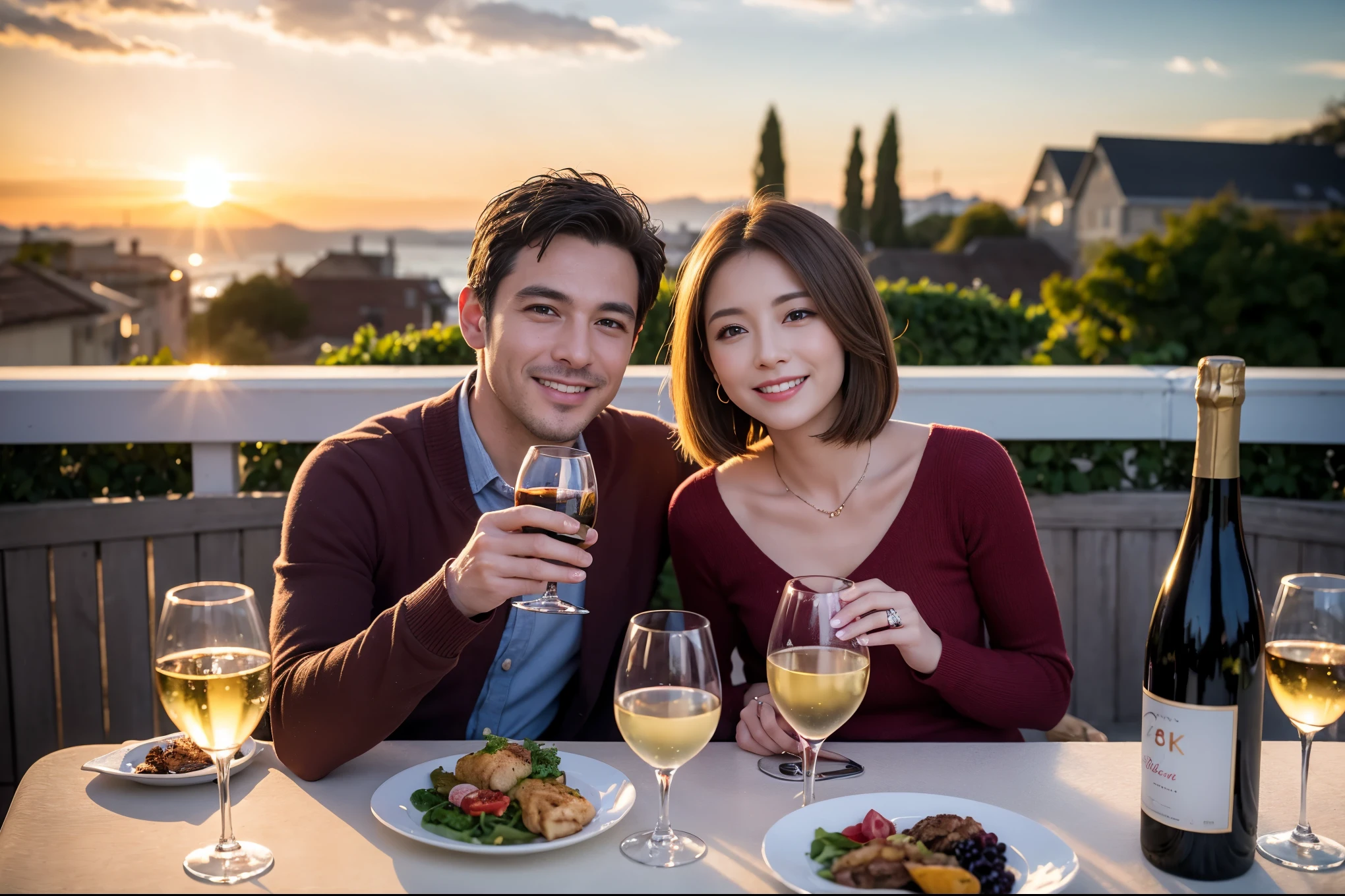 ((highest quality、8k、masterpiece:1.3))、 (Genuineistic, Genuine、Bright image、Intricate details:1.2), Best smile 1 man 1 woman、Beautiful Couple、spouse、Couple、spouse、Beautiful Couple、Smile、full-course dinner、 (Slim face), (The body is slim), (Brown Hair), (short hair), テーブルの上のwine glass、Please shine a light on my face、 Amazing view of the sunset sky and clouds、 (Age 44), 41 years old, red wine 、Appetizers、Wine bottle、sparkling wine、Long sleeve shirt、dress、White wine, red wine, wine glass,