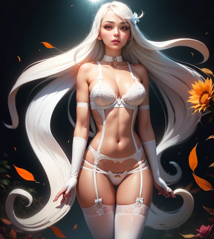 (lace, lace-trim, white elbow gloves, white bow bra, white thighhighs, bare shoulders, thighs, underwear only, bow panties, white choker, g-string, thong:1.4), cleavage, (orange eyes, long white hair, swept bangs, messy hair:1.4), (pink lips, hair flower, pink flower, makeup:1.2), 1girl, thigh gap, ((outdoors, hills, grass, leaves, blue sky, sun, flowers)), (arms by side1.2), (((white garter straps, white garter belt:1.2))), (white skin)