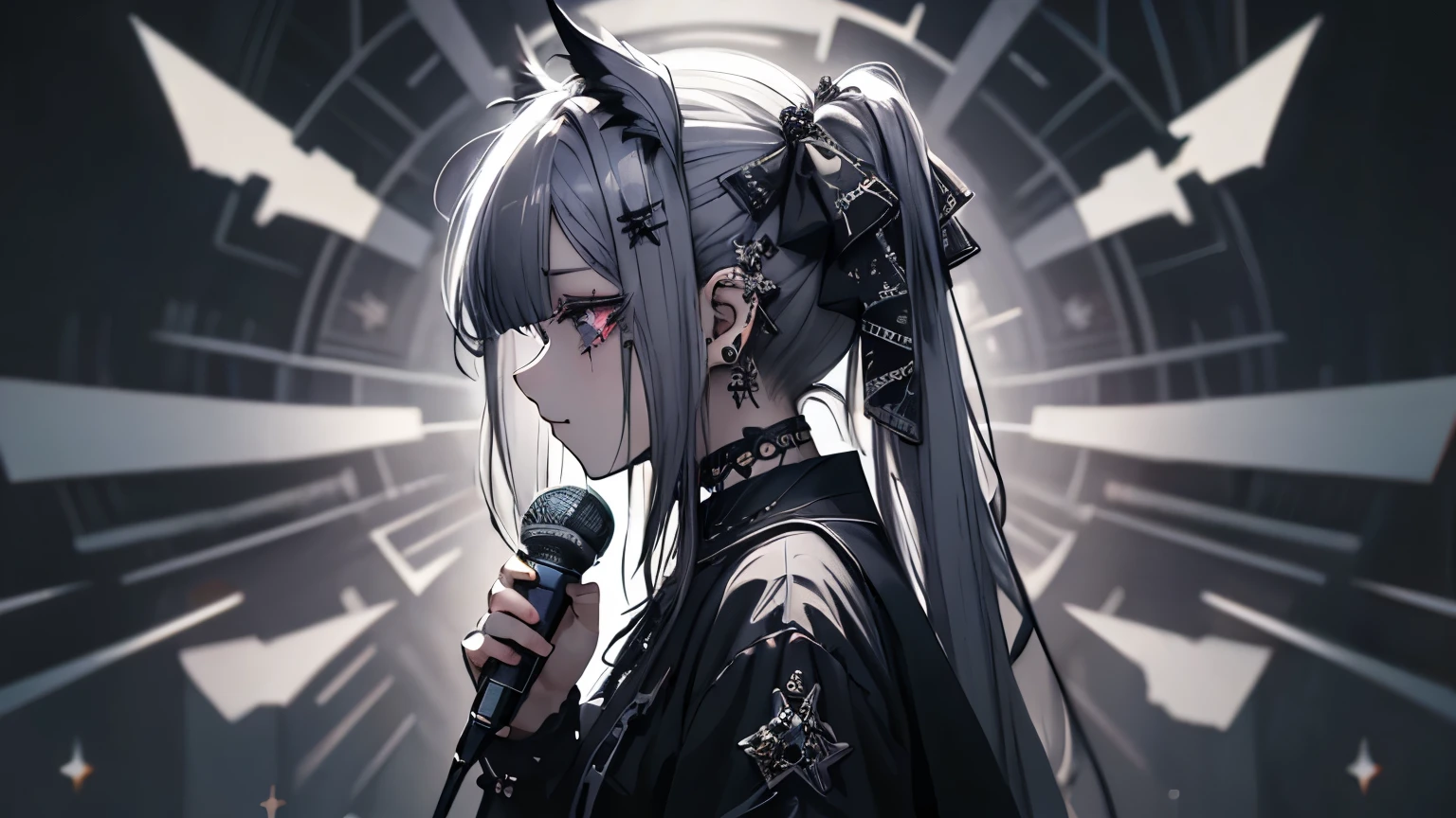 (masterpiece), highest quality, Ultra-high resolution,Gothic、Silver Hair、Black Hair、Twin tails、Crying in tears、Bat、vocal、Hold the microphone、cool、band、live、Visual Kei、Sick Makeup、Background Night、profile