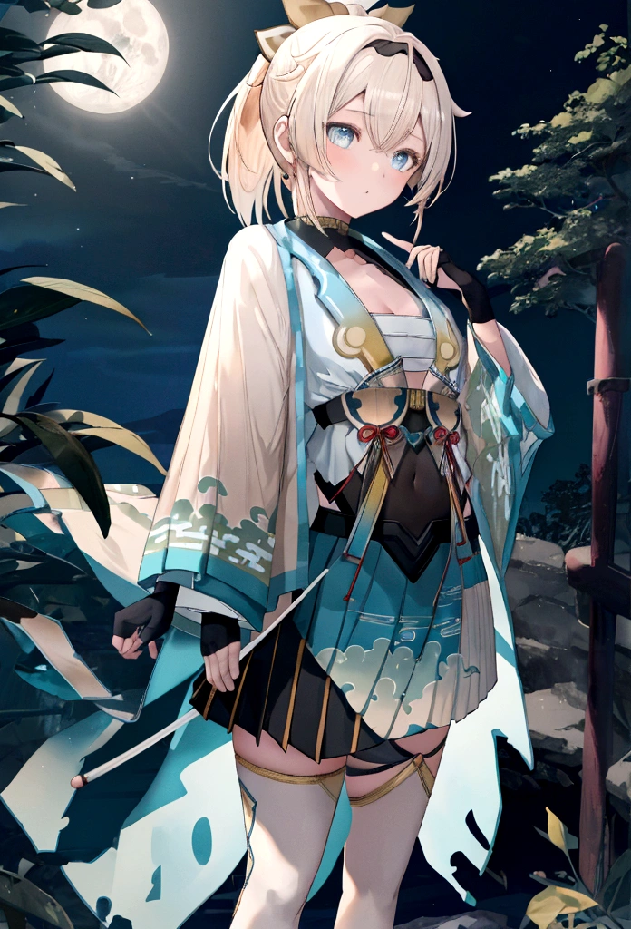 moon, 1girl, weapon, sword, solo, male focus, night, blue theme, full moon, katana, japanese clothes, nature, long hair, tree, standing, night sky, silhouette, holding, sky, holding sword, leaf, sheath, holding weapon, ponytail, outdoors, forest, water, monochrome, star (sky), moonlight, kazama iroha, blonde hair, fingerless gloves, japanese clothes, white thighhighs, haori, black gloves, bangs, pleated skirt, ponytail, chest sarashi, blue eyes, black hairband, hair ornament, leaf hair ornament, long sleeves, covered navel, breasts, long shot