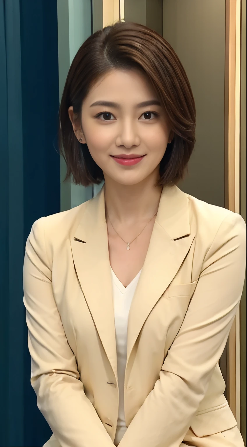 Best image quality、超A high resolution、One Girl、Beautiful Face、short hair､Announcer in a tight, light-colored suit with long sleeves、Sitting in the studio