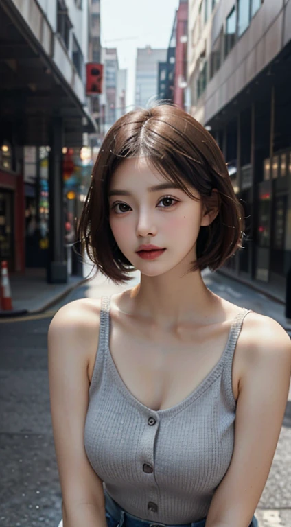 Gentle One Japan Woman、Cute and beautiful 24 years old, Look at this, (Highly detailed beautiful face, Thin lips, Detailed large slice length, double eyelid, A straight, neatly shaped nose), short hair, (7 heads, Sloping shoulders, Narrow shoulders, Thin upper chest, Narrow under the chest, Narrow waist, Very large breasts:1.5), Tank Top Knitwear:1.1,hot pants, Downtown, ((Ultra-realistic photos, Photogenic, highest quality, In 8K, Photorealistic, masterpiece:1.3))