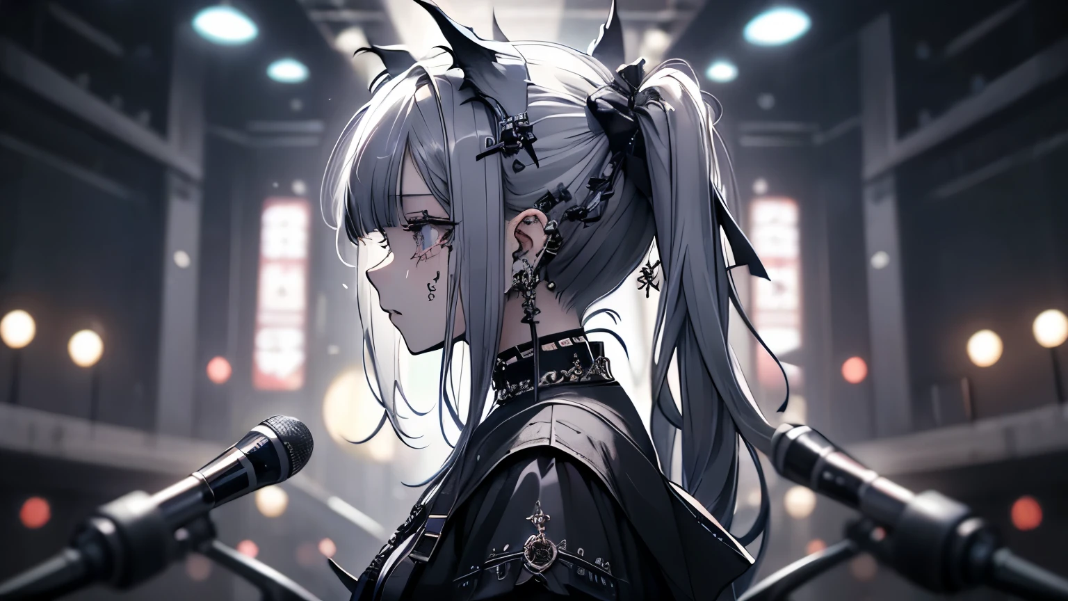 (masterpiece), highest quality, Ultra-high resolution,Gothic、Silver Hair、Black Hair、Twin tails、Crying in tears、Bat、vocal、Hold the microphone、cool、band、live、Visual Kei、Sick Makeup、Background Night、profile