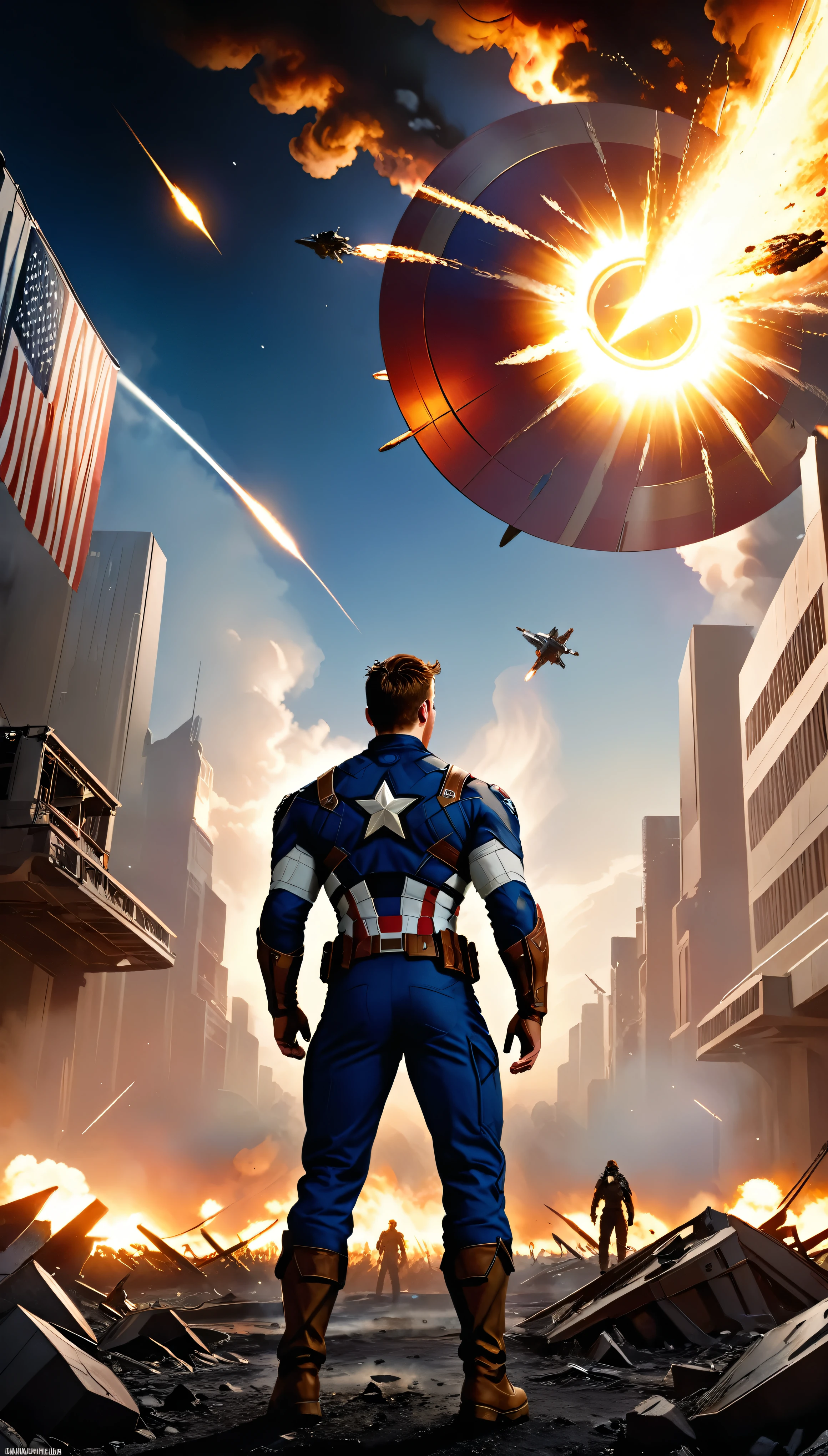 The iconic Captain America figure appears against the backdrop of an interstellar battlefield、A fascinating cinematic scene follows.。Embers from a devastating explosion cast an eerie, fiery glow across the screen.、Protagonist's Hall々It emphasizes its presence.。Hold the Stars and Stripes High、He flashed the patriotic shield emblem、Ready to join forces with the eccentric Guardians of the Galaxy team。Their futuristic spaceship、Benatar looms ominously in the foreground.、Its smooth metal surface reflects the chaotic flames in the distance.。The scene is set for epic action
