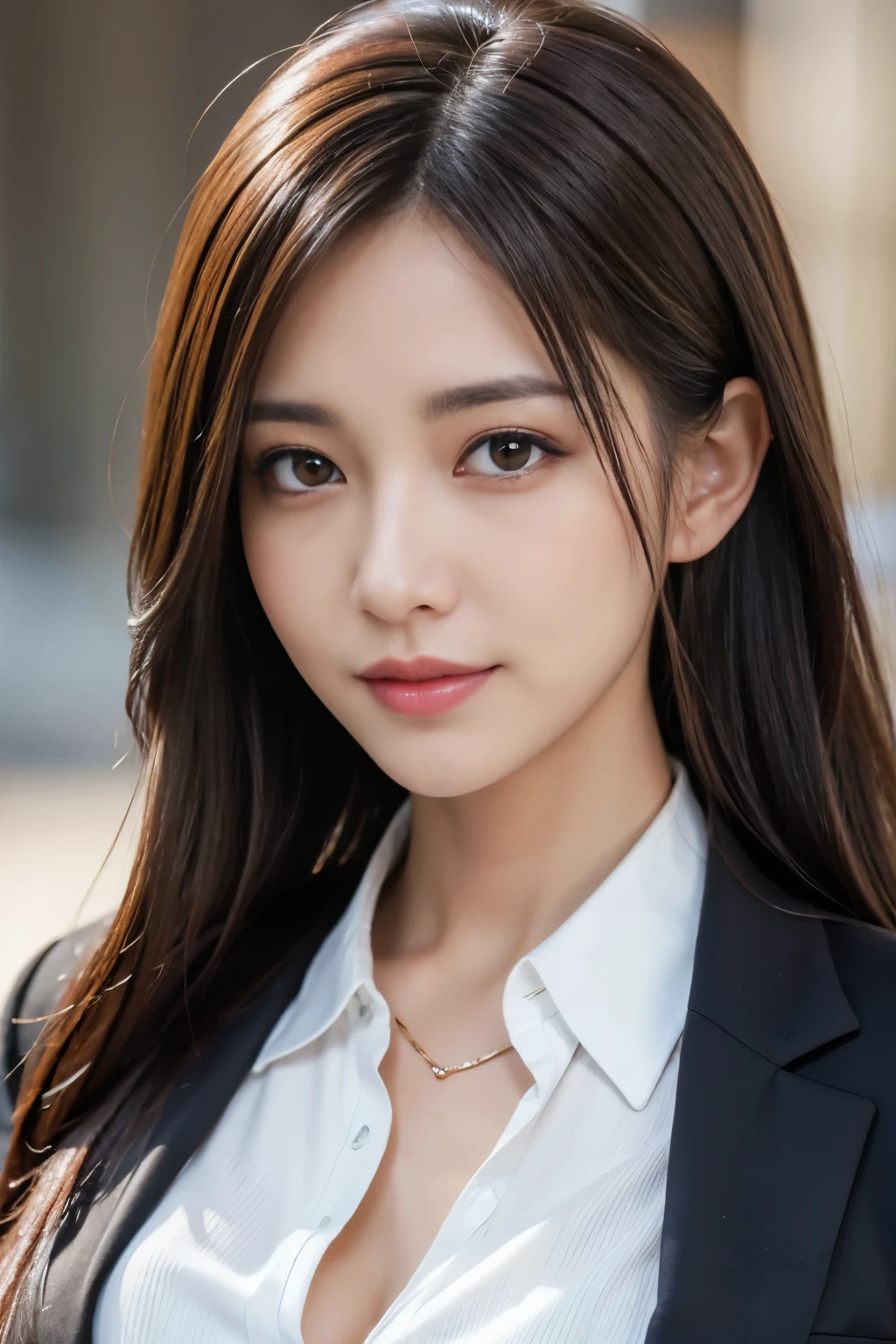 Tabletop, highest quality, Realistic, Very detailed, finely, High resolution, 8k wallpaper, 1 Beautiful Japan Woman, Light brown messy hair, Wearing a business suit, Sharp focus, Perfect dynamic composition, Beautiful and beautiful eyes, Thin Hair, Detailed Realistic skin texture, smile, Close-up portrait, Model Body Type, The background is white