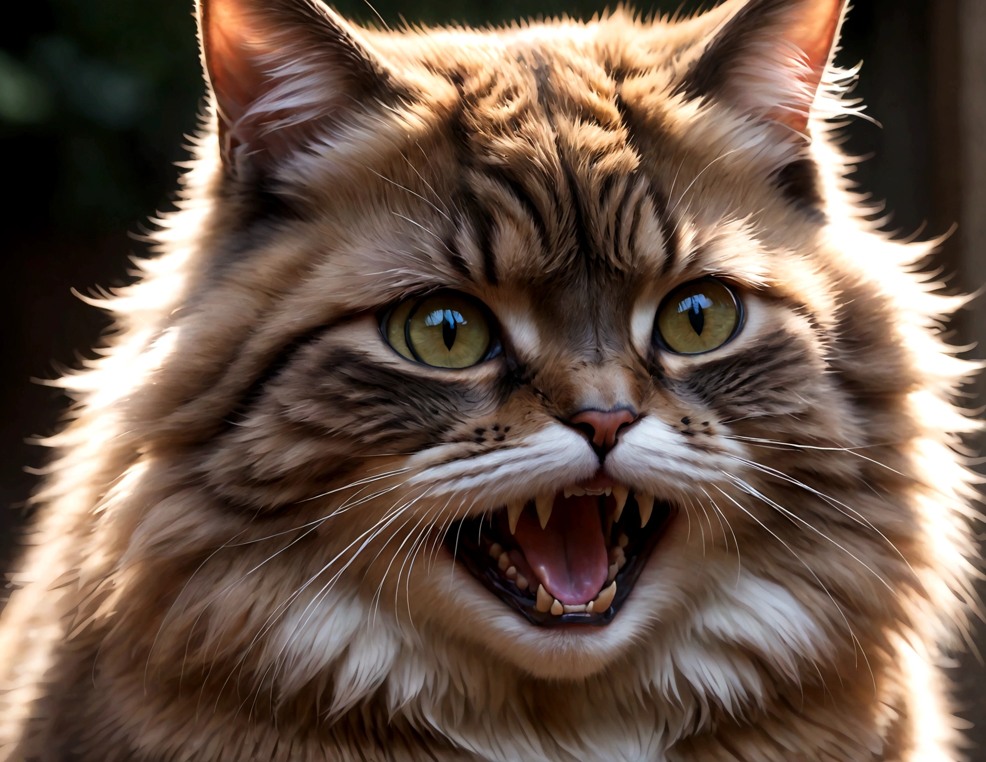Close-up photo of a cat that hates humans,(Cat 1,Photoreal,focus on reality,disgust that cannot be hidden,((Sense of distrust)),((anger)),((disgust)),cat showing fangs,cat's threatening behavior),cat is looking straight ahead,glare,Saying "I hate you!",fluffy cat,anatomically correct