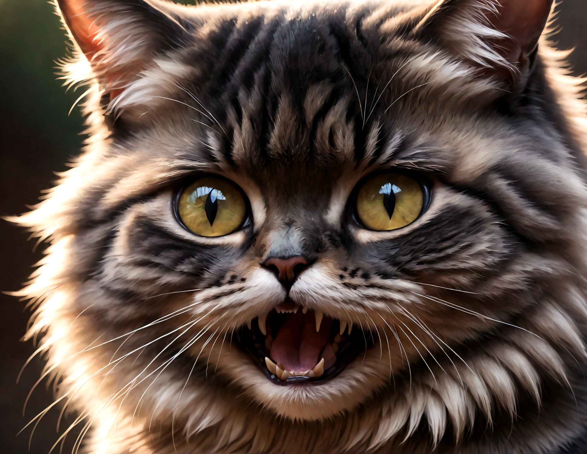 Close-up photo of a cat that hates humans,(Cat 1,Photoreal,focus on reality,disgust that cannot be hidden,((Sense of distrust)),((anger)),((disgust)),cat showing fangs,cat's threatening behavior),cat is looking straight ahead,glare,Saying "I hate you!",fluffy cat,anatomically correct
