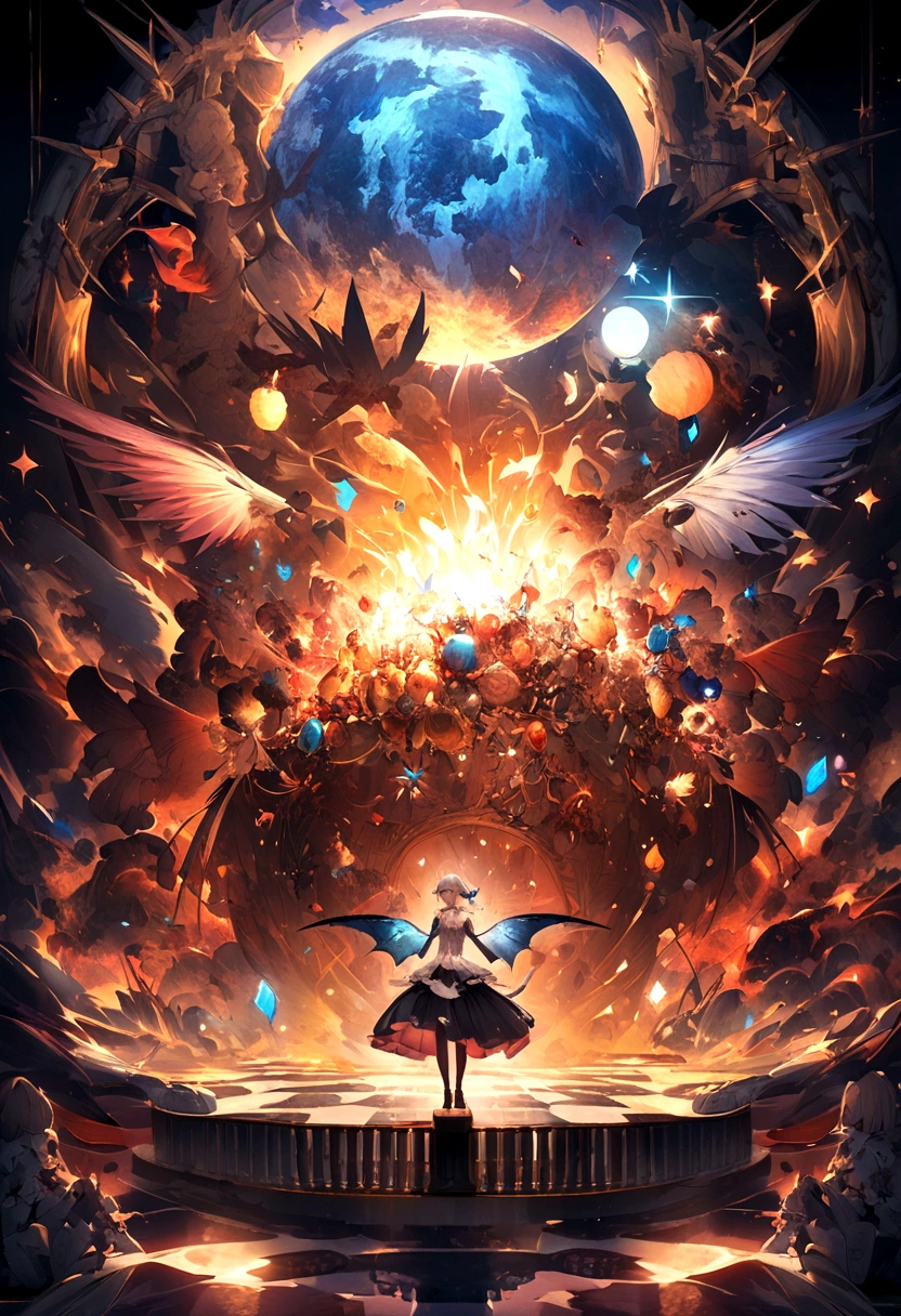 magicの杖、chandelier、cute、、Young girl、12Year、flight、Your eyes are bright and beautiful、whole body、Gray Hair、白いCatの耳、Cat'tail、beautiful青い目、White Crown、白いgem、piano、White Vampire Wings、Also々funny Face、beautiful、Black Moon、Lots of blue light、universe、Fantasy,Lots of light、gem、magic、AmbiLight,The colors are vibrant and bright,Black background,mist,Detailed Description,Rich details,An explosion of imagination,Surreal,Ultra-realistic,masterpiece,8k,Light,Tyndall effect