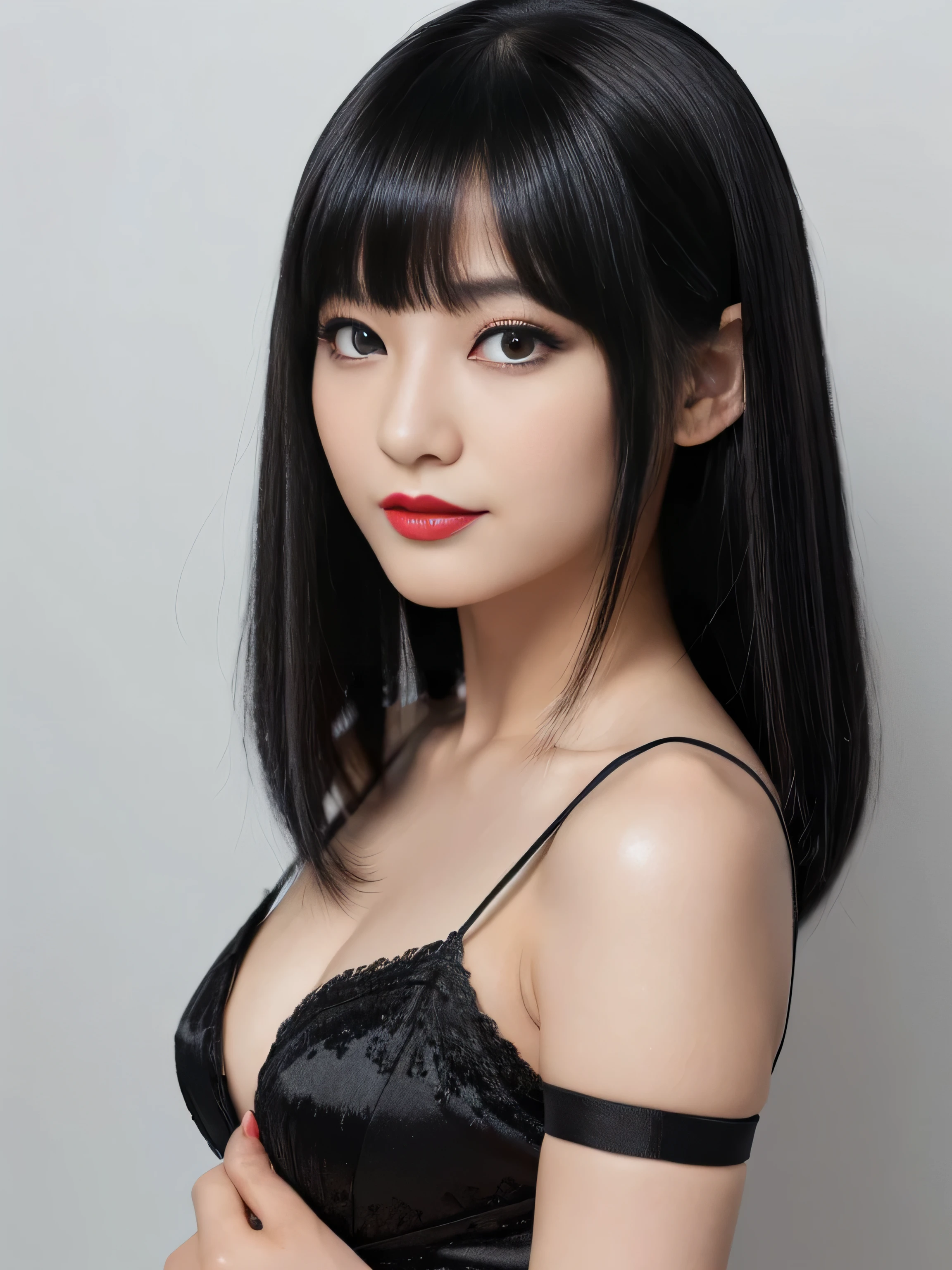 1 female (Close up of her face!!!:1.8) (She turns to the viewer and laughs so wonderfully!!!!!) ((highest quality)) ((masterpiece)) (Familiar) (Get used to it) (White wall background!!!!!) (She is the most seductive 48-year-old mature woman in Japan.) (Her bangs are neatly trimmed and worn straight down.:1.5) (Very shiny and voluminous, Very straight!!! Very beautiful medium long hair with the highest quality and the best details Jet black hair Her highest quality and most detailed straight medium long hair is jet black Her beautiful jet black hair is very straight and medium long. Her hair is very black!!! Shiny black hair, black silky hair, detailed 長さ black hair, 太くShiny black hair, 長さ black hair, Straight bob cut black hair, Length and Straight Bob Cut black hair, Perfect Silky Hair, Extra Dark Natural Black Hair, very black hair) (She received a sensual mature make-up by a professional make-up artist... Exquisite texture:1.4 Bright red lipstick Beautiful black eyeliner) (She is wearing a shiny random color silk camisole dress.) Perfect Woman'face (She has a typical Japanese build and skin color..., Her skin is very high quality and ultra high definition.、very beautiful and glowing skin) (Her face is dignified and sexy) (She has a typical Japanese build and skin color Her skin is very delicate and sensitive..、and、Such beautiful and radiant skin) ((Her face shape is thinner than average:1.4)) ((Her eyes are larger than average:1.6)) ((Her eyes are larger than average:1.6)) ((Her eyebrows are very thin:1.8)) (She received a beautiful mature make-up by a professional make-up artist... Exquisite texture:1.4 Bright red lipstick Beautiful black eyeliner) ((Rich 1.4)) (Extremely detailed 8K) (Ultra-fine skin texture 1.4) (Actual, Vibrant:1.4), Sharp focus:1.2、Beautiful woman:1.4 Dynamic Lighting (Genuine RAW photos taken by professional photographers) very beautiful and glowing skin) (Surreal photos by professional photographers :1.2)