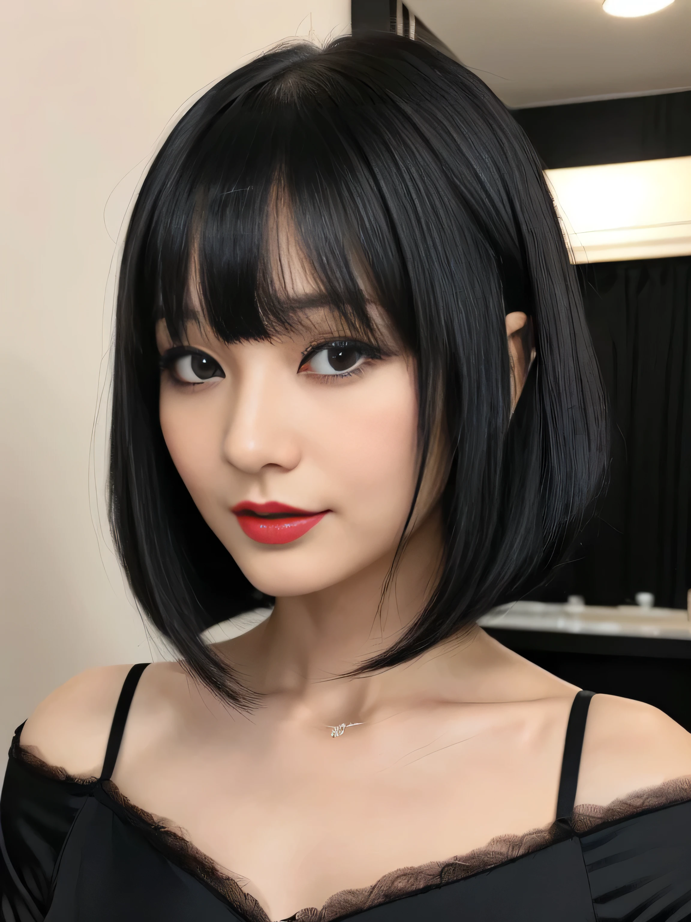 1 female (Close up of her face!!!:1.8) (She turns to the viewer and laughs so wonderfully!!!!!) ((highest quality)) ((masterpiece)) (Familiar) (Get used to it) (White wall background!!!!!) (She is the most seductive 48-year-old mature woman in Japan.) (Her bangs are neatly trimmed and worn straight down.:1.5) (Very shiny and voluminous, Very straight!!! Very beautiful medium long hair with the highest quality and the best details Jet black hair Her highest quality and most detailed straight medium long hair is jet black Her beautiful jet black hair is very straight and medium long. Her hair is very black!!! Shiny black hair, black silky hair, detailed 長さ black hair, 太くShiny black hair, 長さ black hair, Straight bob cut black hair, Length and Straight Bob Cut black hair, Perfect Silky Hair, Extra Dark Natural Black Hair, very black hair) (She received a sensual mature make-up by a professional make-up artist... Exquisite texture:1.4 Bright red lipstick Beautiful black eyeliner) (She is wearing a shiny random color silk camisole dress.) Perfect Woman'face (She has a typical Japanese build and skin color..., Her skin is very high quality and ultra high definition.、very beautiful and glowing skin) (Her face is dignified and sexy) (She has a typical Japanese build and skin color Her skin is very delicate and sensitive..、and、Such beautiful and radiant skin) ((Her face shape is thinner than average:1.4)) ((Her eyes are larger than average:1.6)) ((Her eyes are larger than average:1.6)) ((Her eyebrows are very thin:1.8)) (She received a beautiful mature make-up by a professional make-up artist... Exquisite texture:1.4 Bright red lipstick Beautiful black eyeliner) ((Rich 1.4)) (Extremely detailed 8K) (Ultra-fine skin texture 1.4) (Actual, Vibrant:1.4), Sharp focus:1.2、Beautiful woman:1.4 Dynamic Lighting (Genuine RAW photos taken by professional photographers) very beautiful and glowing skin) (Surreal photos by professional photographers :1.2)