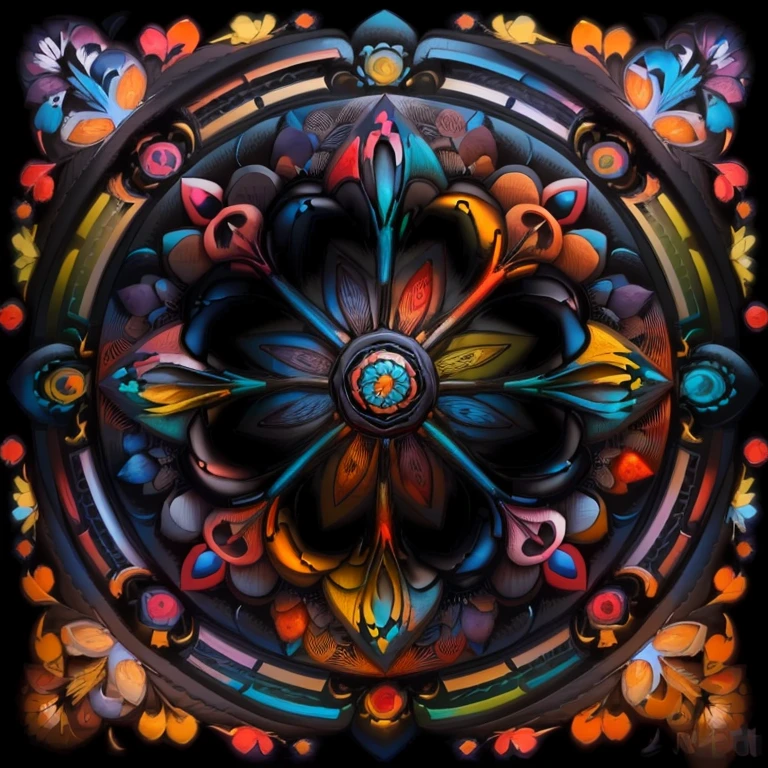 Painting with folk art colors. Traditional art colors. Close up of colorful flower pattern on black background, symmetrical artwork, mandala art, andrei riabovitchev symmetry, symmetry, Gorgeous flowers, coherent symmetrical artwork, Symmetrical digital illustration, traditional folk art style, intricate symmetrical artwork, Adobe Illust