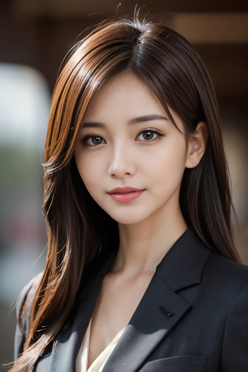 Tabletop, highest quality, Realistic, Very detailed, finely, High resolution, 8k wallpaper, 1 Beautiful Japan Woman, Light brown messy hair, Wearing a business suit, Sharp focus, Perfect dynamic composition, Beautiful and beautiful eyes, Thin Hair, Detailed Realistic skin texture, smile, Close-up portrait, Model Body Type, The background is white