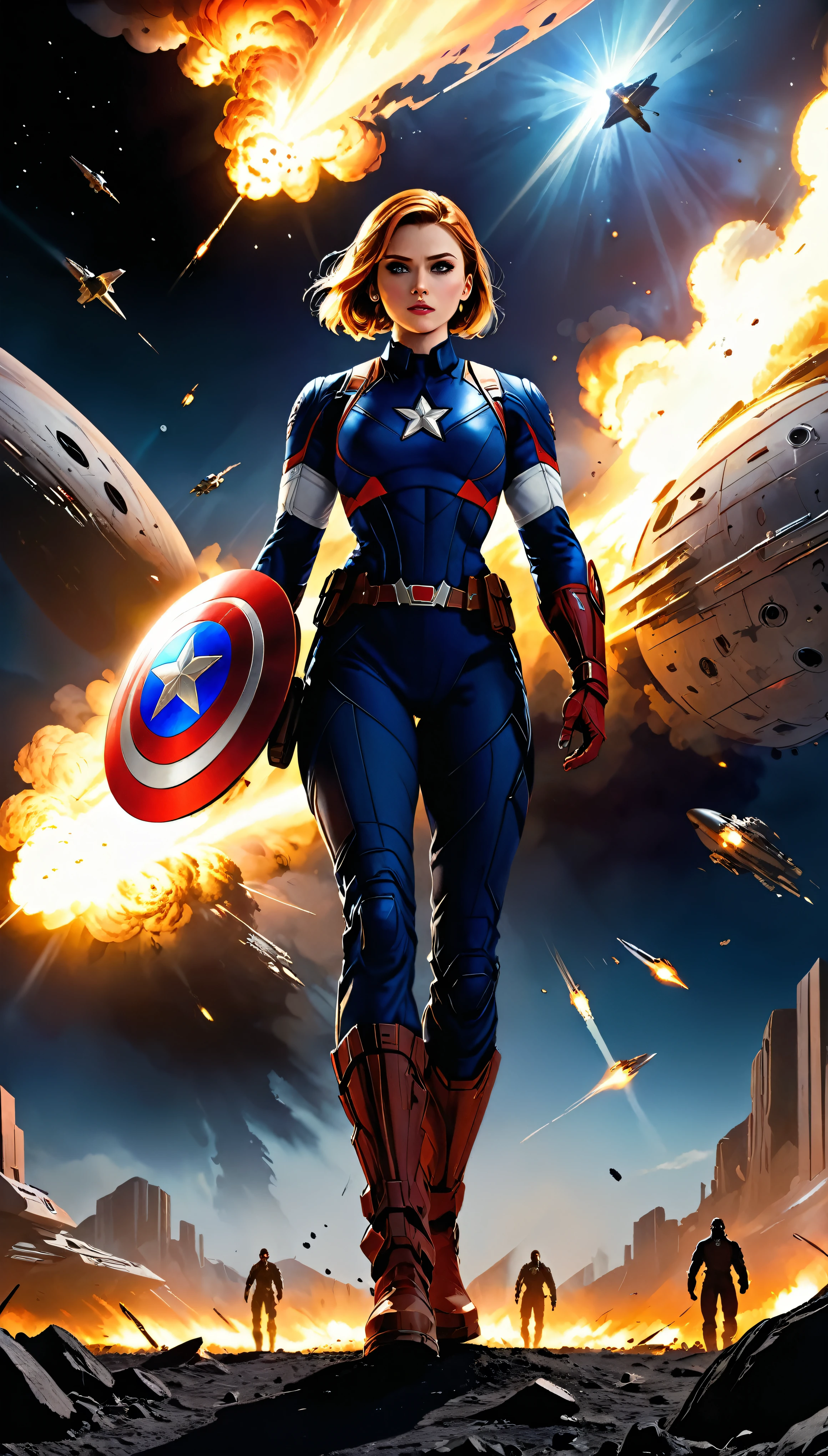 The iconic Captain America figure appears against the backdrop of an interstellar battlefield、A fascinating cinematic scene follows.。Embers from a devastating explosion cast an eerie, fiery glow across the screen.、Protagonist's Hall々It emphasizes its presence.。Hold the Stars and Stripes High、He flashed the patriotic shield emblem、Ready to join forces with the eccentric Guardians of the Galaxy team。Their futuristic spaceship、Benatar looms ominously in the foreground.、Its smooth metal surface reflects the chaotic flames in the distance.。The scene is set for epic action
