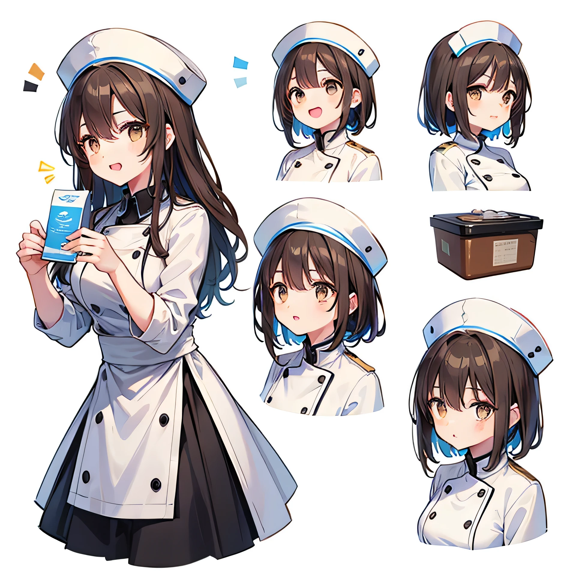 girl,Black wave head,Brown eyes,Facial Expressions,Wearing a Michelin chef hat,White chef's suit,Super excited expression,Recommending products to customers(Pure white background:1.2),Simple background,Solid color background,(Extremely detailed eyes:1.3),(Same physical characteristics:1.5)