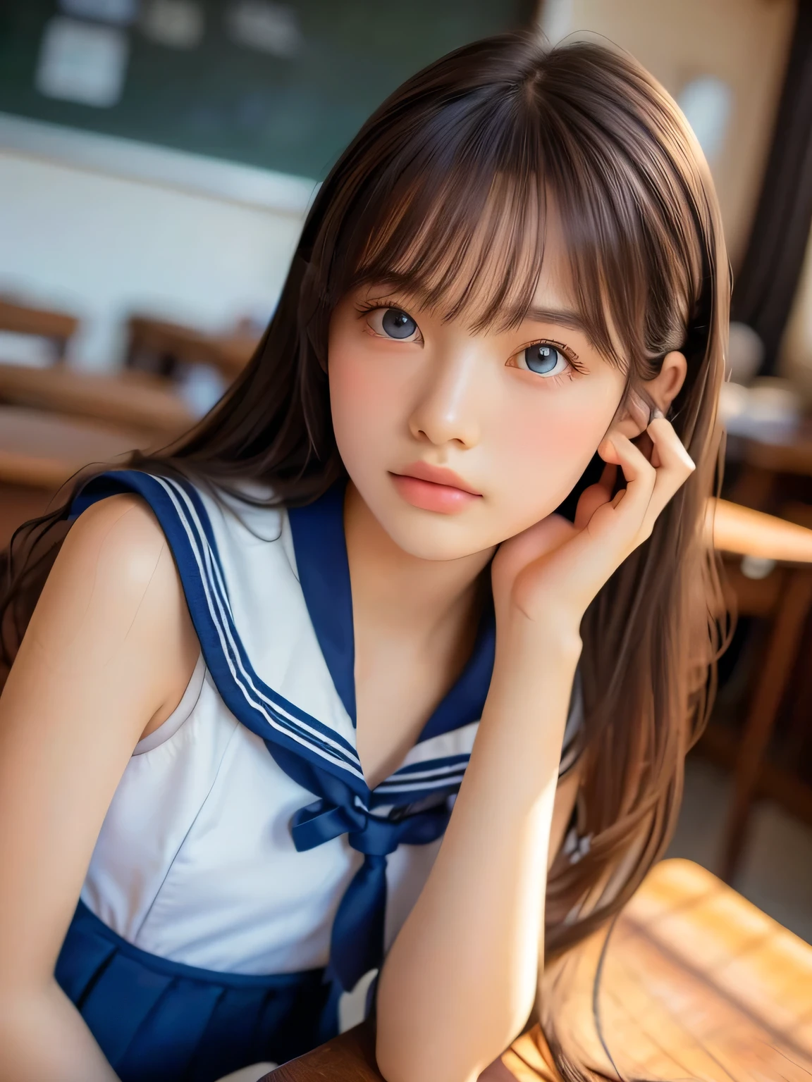 ((masterpiece, highest quality, High resolution)), 1 girl, (Realistic: 1.4), Beautiful face, Beautiful Hair, Beautiful eyes, Glowing Skin, ************, Sailor suit, classroom, Sit on a desk, Side angle, sunshine, Backlight, Professional photographer photography