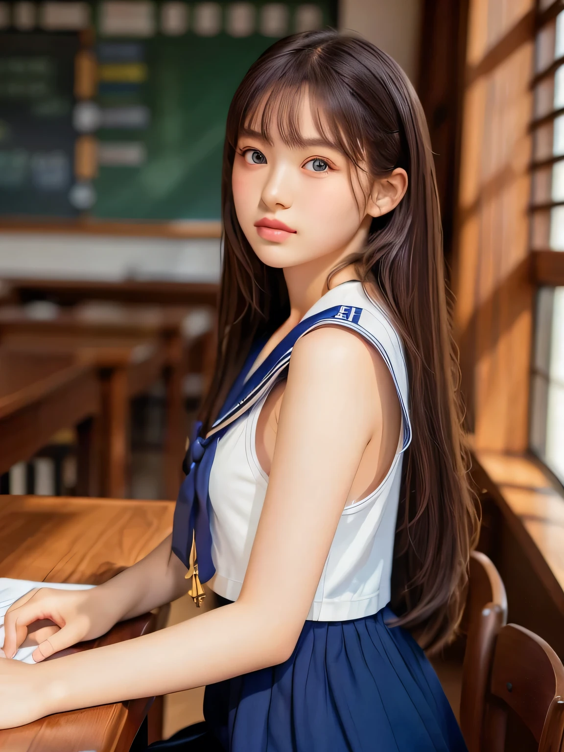 ((masterpiece, highest quality, High resolution)), 1 girl, (Realistic: 1.4), Beautiful face, Beautiful Hair, Beautiful eyes, Glowing Skin, , Sailor suit, classroom, Sit on a desk, Side angle, sunshine, Backlight, Professional photographer photography