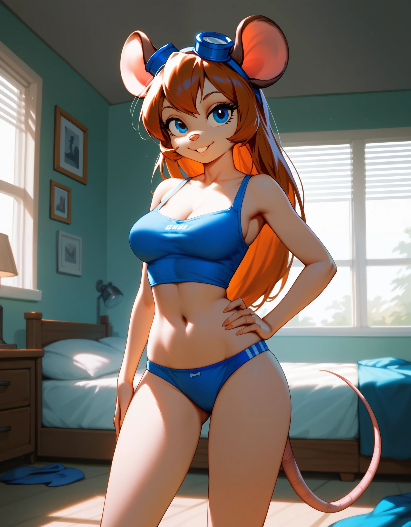 score_9,score_8_up,score_7_up, an Anthro furry mouse girl, gadget hackwrench from chip and sales rescue rangers, orange brown hair, blue eyes, tall and slender body, hourglass figure, wearing sexy blue underwear, standing, indoors, hand on hips, sexy pose, grinning, in a bedroom