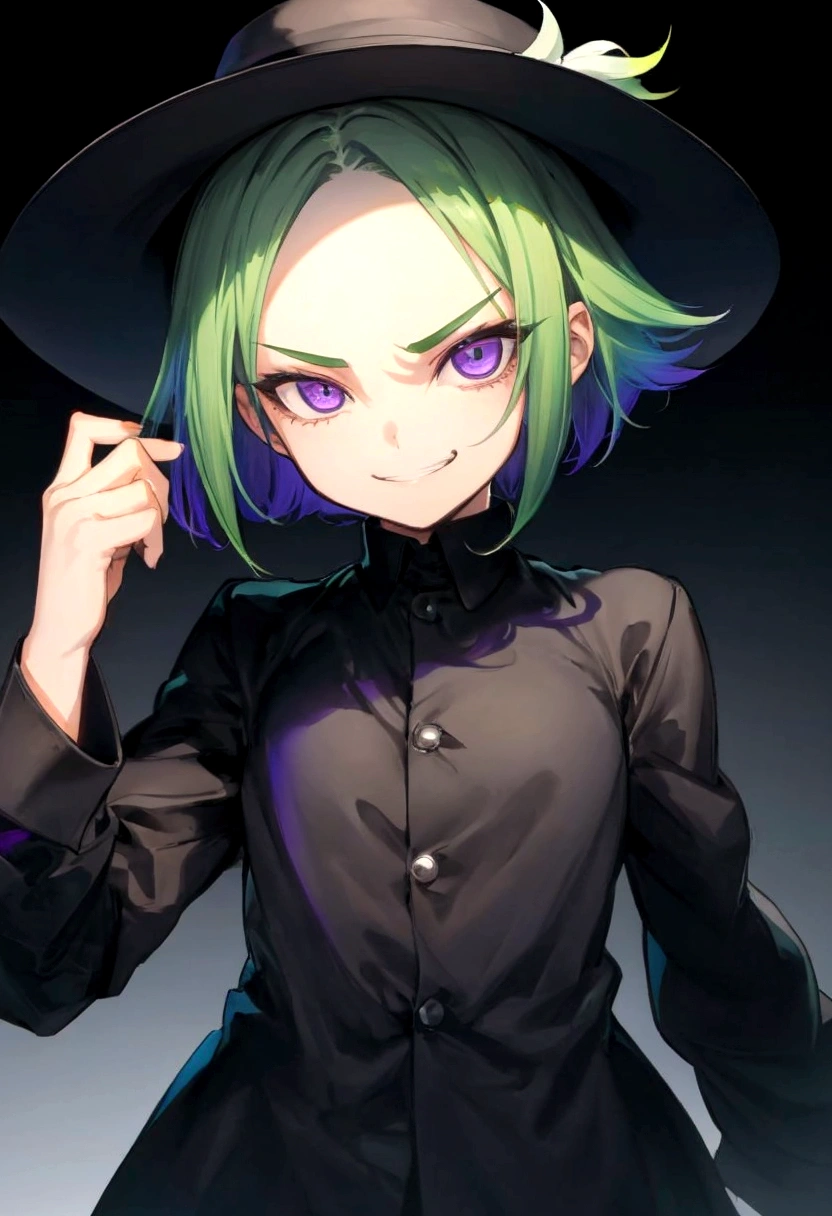 One woman, night, (whole body:1.1), split mouth, , smirk, evil grin, grin, Yellow-green hair, BREAK, Purple eyes, BREAK, Tree Eyes, White, suspicious, Perfect Eyes, Perfect Face, black wide brim hat, (Gradient Background:1.2), half-closed eyes, Slender, (very short hair,) (forehead), (shaggy cut,) (evil,)