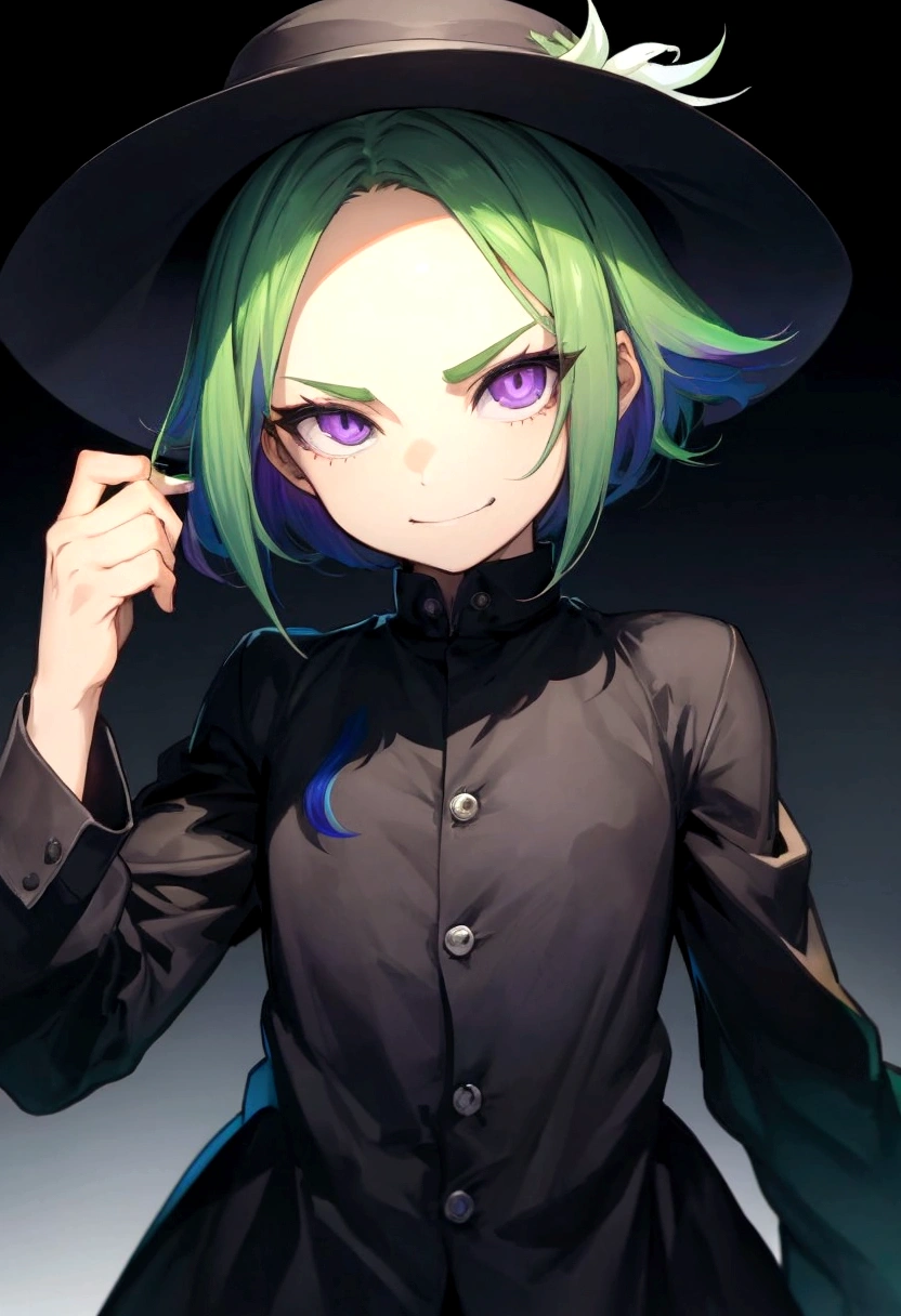 One woman, night, (whole body:1.1), split mouth, , smirk, evil grin, grin, Yellow-green hair, BREAK, Purple eyes, BREAK, Tree Eyes, White, suspicious, Perfect Eyes, Perfect Face, black wide brim hat, (Gradient Background:1.2), half-closed eyes, Slender, (very short hair,) (forehead), (shaggy cut,) (evil,)