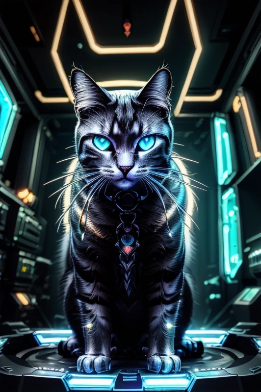 a cyberpunk cat, futuristic cyborg cat, mechanical cat, metal cat, robotic feline, intricate machinery, glowing eyes, neon lights, , dark moody atmosphere, dynamic composition, cinematic lighting, vibrant colors, digital art, 8k, high quality, masterpiece, photorealistic