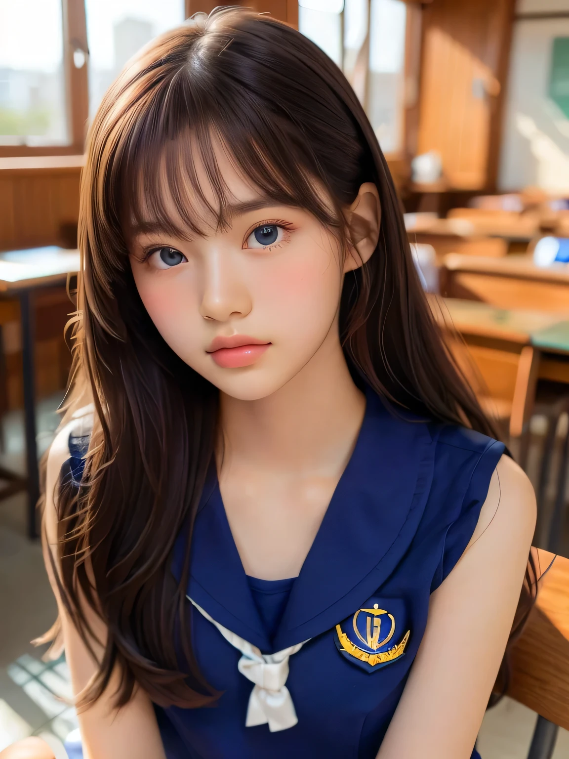 ((masterpiece, highest quality, High resolution)), 1 girl, (Realistic: 1.4), Beautiful face, Beautiful Hair, Beautiful eyes, Glowing Skin, , Sailor suit, classroom, Sit on a desk, Side angle, sunshine, Backlight, Professional photographer photography