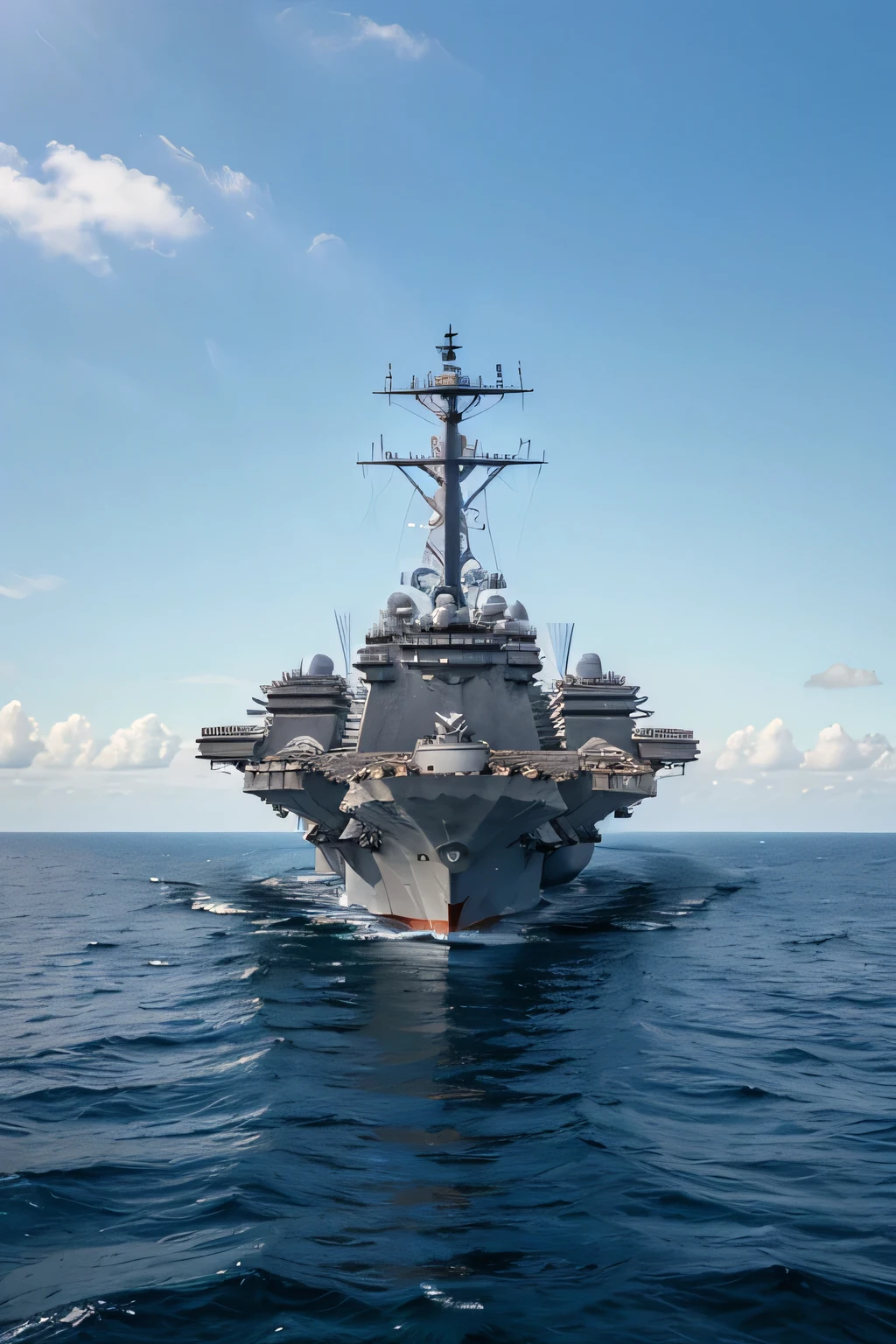 Photorealistic Image of the USS Nimitz aircraft carrier in the open sea from the side, no people around, calm ocean reflecting the ship, clear blue sky, side view, 35mm lens, long shot, highly detailed, 8K resolution, natural light, HDR.