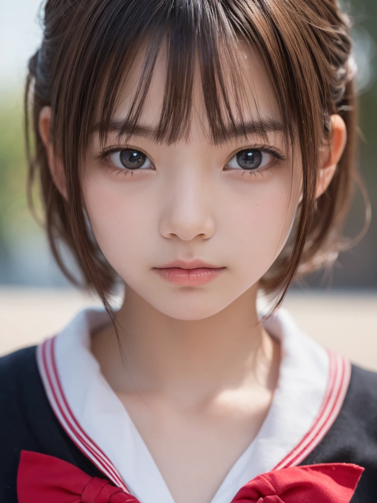 One Girl,(1人のとてもcute女の子:1.3),masterpiece,highest quality,High resolution,beautiful girl,(15 years old:1.3),cute,Big eyes,(detailed pupils:1.2),(The face is facing straight ahead:1.3),Body facing forward,Beautiful nose,Fuller lips,Short black hair,ponytail,short hair,Detailed eyelashes,Thin eyebrows,Very fine grain definition,(Symmetrical eyes:1.3),(Face close-up,Face Focus:1.0),Sailor suit,Student style,Portrait,View Viewer,Cinema Lighting,High resolution,Very detailed