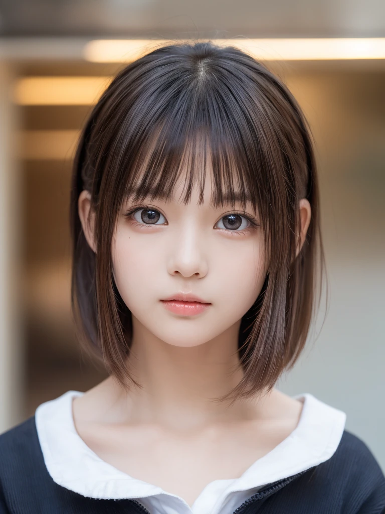 One Girl,(1人のとてもcute女の子:1.3),masterpiece,highest quality,High resolution,beautiful girl,(15 years old:1.3),cute,Big eyes,(detailed pupils:1.2),(The face is facing straight ahead:1.3),Body facing forward,Beautiful nose,Fuller lips,Short black hair,ponytail,short hair,Detailed eyelashes,Thin eyebrows,Very fine grain definition,(Symmetrical eyes:1.3),(Face close-up,Face Focus:1.0),Sailor suit,Student style,Portrait,View Viewer,Cinema Lighting,High resolution,Very detailed